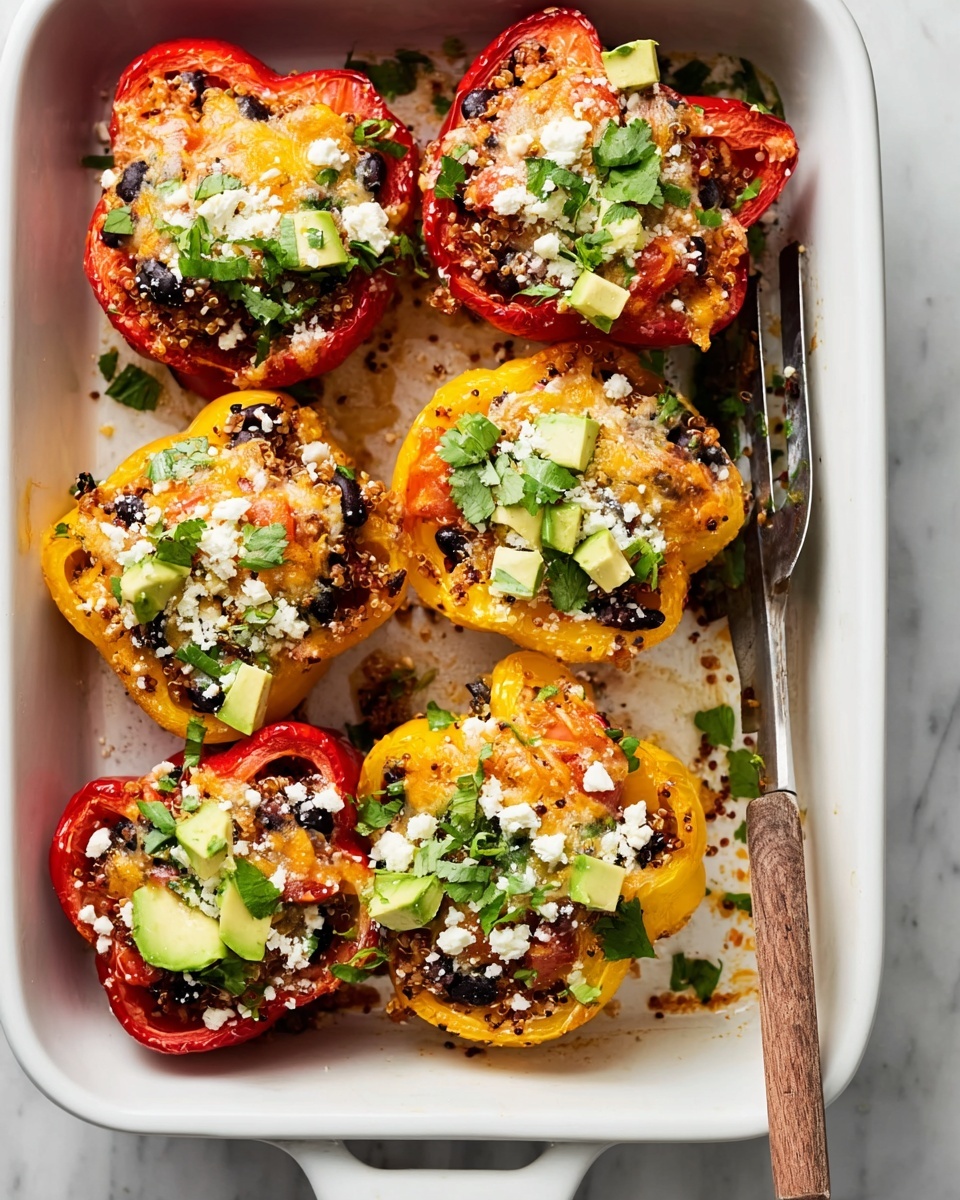 Ground Turkey Stuffed Peppers Recipe 5 The image shows a white baking dish on a white marbled surface filled with six stuffed bell pepper halves in red and yellow colors. Each pepper is filled with layers including a base of cooked quinoa mixed with black beans and tomato chunks, topped with melted light brown cheese and sprinkled with white crumbled cheese. Fresh green garnishes like chopped scallions, cilantro, and small diced avocado pieces are scattered on top and around the peppers. A metal spatula with a wooden handle rests inside the dish near the right edge. The scene is brightly lit, showing the colorful, textured ingredients clearly. photo taken with an iphone --ar 4:5 --v 7