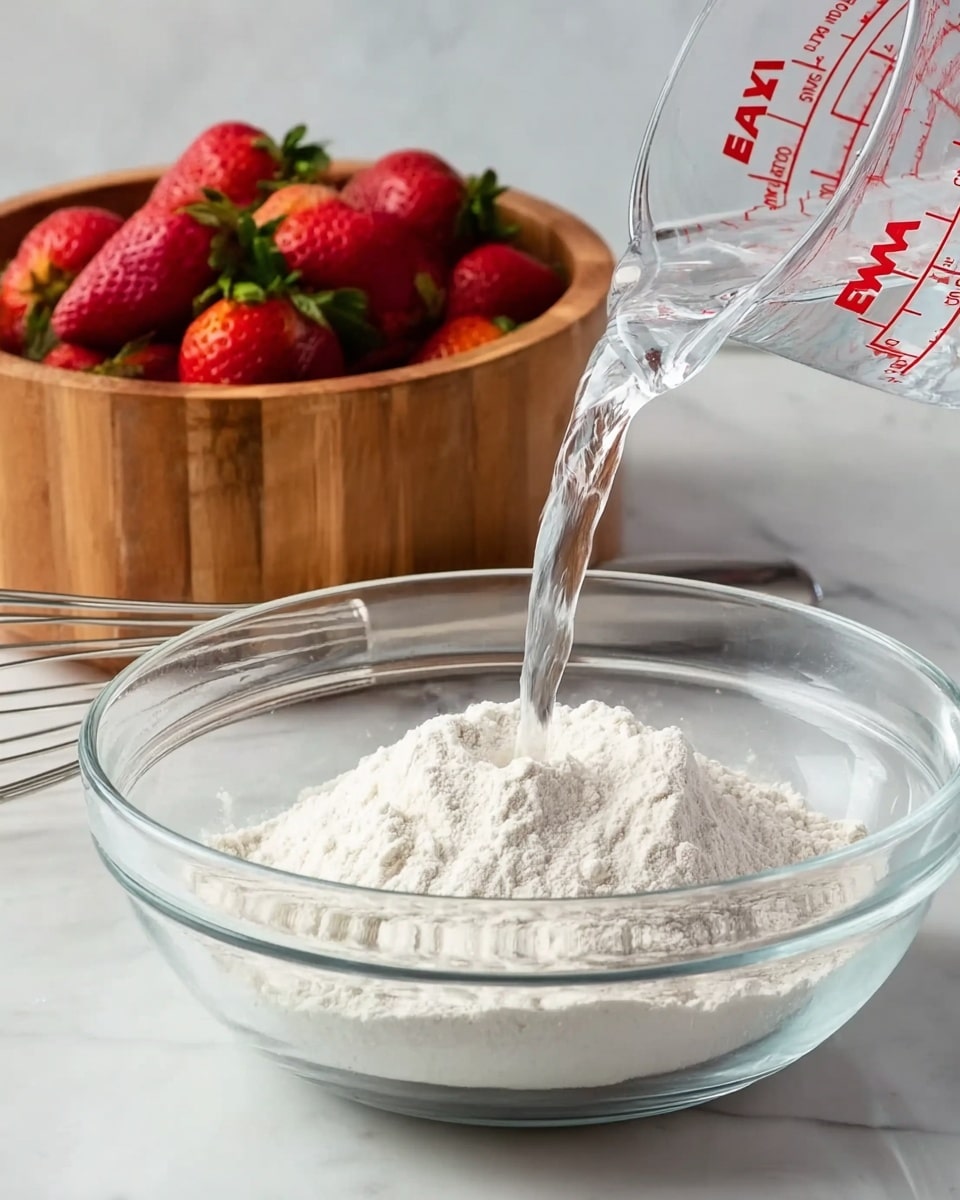 A clear glass bowl filled halfway with white flour sits on a white marbled surface. A measuring cup with red markings is tilted over the bowl, pouring clear water in a steady stream into the flour. Behind the bowl, there is a round wooden bowl full of bright red strawberries with green leaves. A metal whisk lies flat beside the glass bowl on the countertop. The scene is bright and simple, showing the start of a recipe. Photo taken with an iphone --ar 4:5 --v 7
