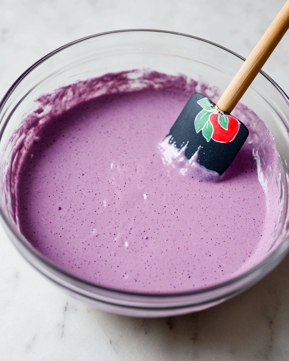A clear glass bowl filled with a smooth purple batter that shows small bubbles and tiny speckles on its surface, with a black spatula featuring a colorful red apple and green leaf design partially dipped into the batter, resting on the right side of the bowl. The bowl sits on a white marbled surface, and the batter’s thick texture is clearly shown, with the spatula's wooden handle extending out of the frame. photo taken with an iphone --ar 4:5 --v 7