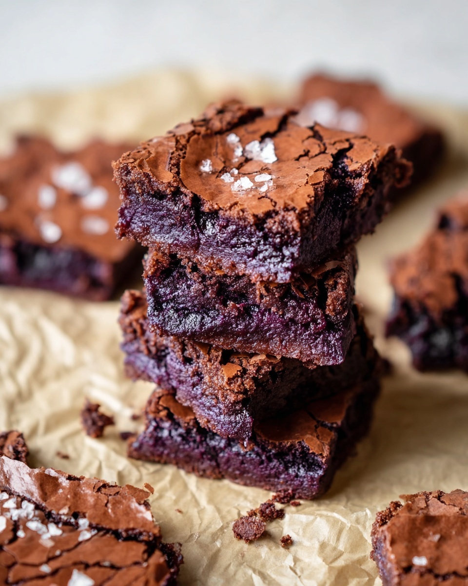 A stack of four square brownies with a shiny, cracked top layer sprinkled with coarse salt flakes sits on crumpled light beige parchment paper on a white marbled surface. The brownies have a deep purple inside layer that looks moist and dense, with some crumbs around the stack matching the purple color. In the background, broken pieces of more brownies with similar cracked tops are spread out, slightly blurred. The focus is on the top brownie in the stack showing the texture clearly. photo taken with an iphone --ar 4:5 --v 7