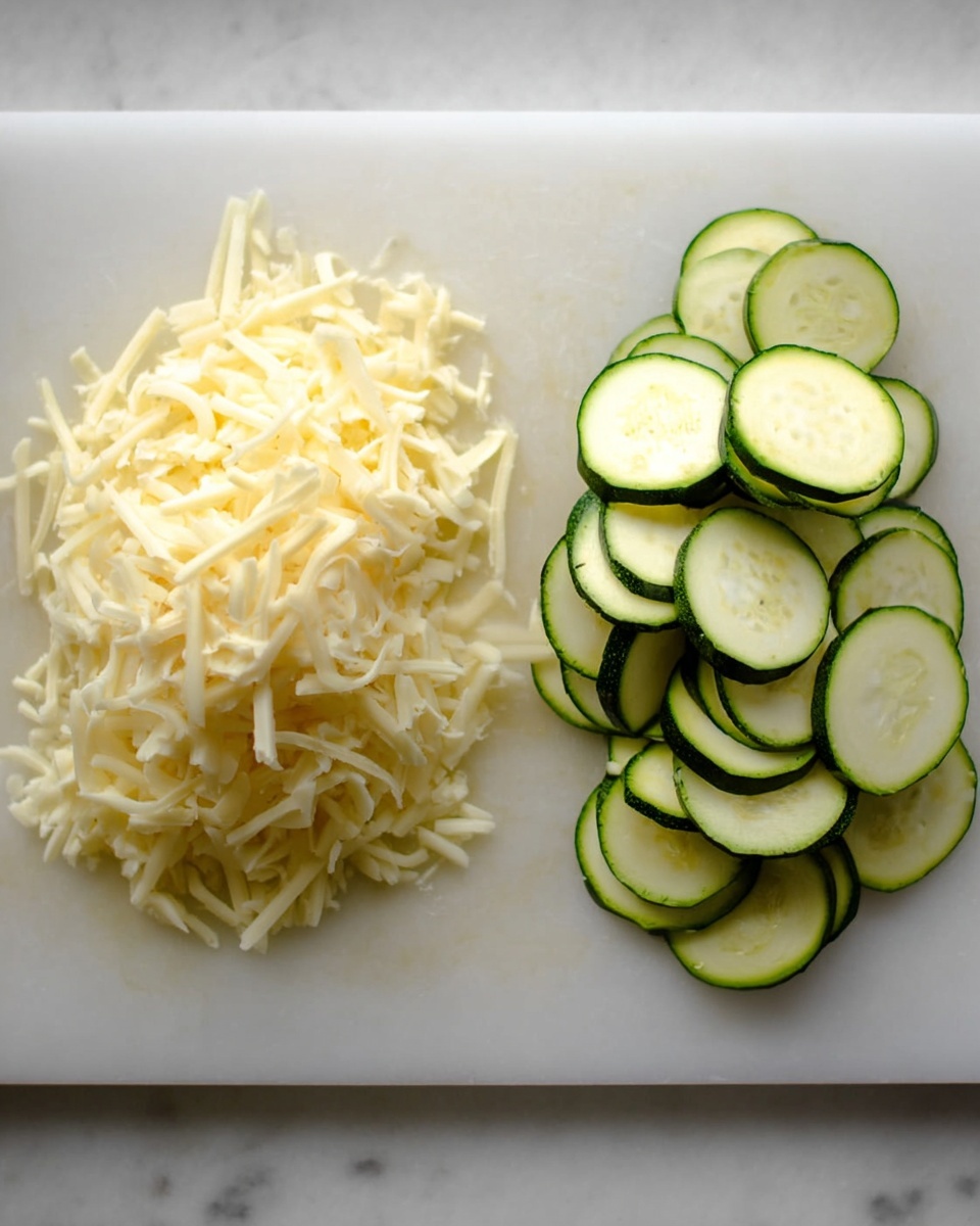 The image shows a white cutting board placed on a white marbled surface. On the left side of the board, there is a neat pile of finely shredded cheese, pale yellow in color with a soft texture. To the right, there is a pile of thinly sliced zucchini rounds, each showing green edges with a light, creamy center. The slices are scattered in a small stacked formation, creating a mix of round shapes. The lighting is natural, making the colors of the cheese and zucchini fresh and clear. Photo taken with an iphone --ar 4:5 --v 7