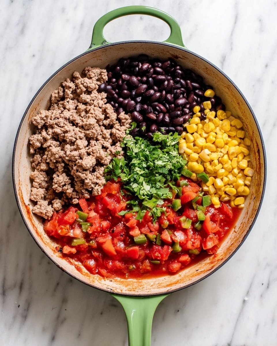 A green-handled skillet on a white marbled surface holds a colorful mix of food layers clearly separated. On the left side, there are clumps of cooked light brown ground meat. At the top, dark purple-black beans are next to the meat. In the middle, bright yellow corn kernels sit beside the beans. The right side has a red tomato-based sauce with chunks of fresh red tomatoes and small green pepper pieces scattered on top. There is some chopped green cilantro in the middle of the dish as well. The skillet’s inside shows slight cooking residue near the sauce. Photo taken with an iphone --ar 4:5 --v 7