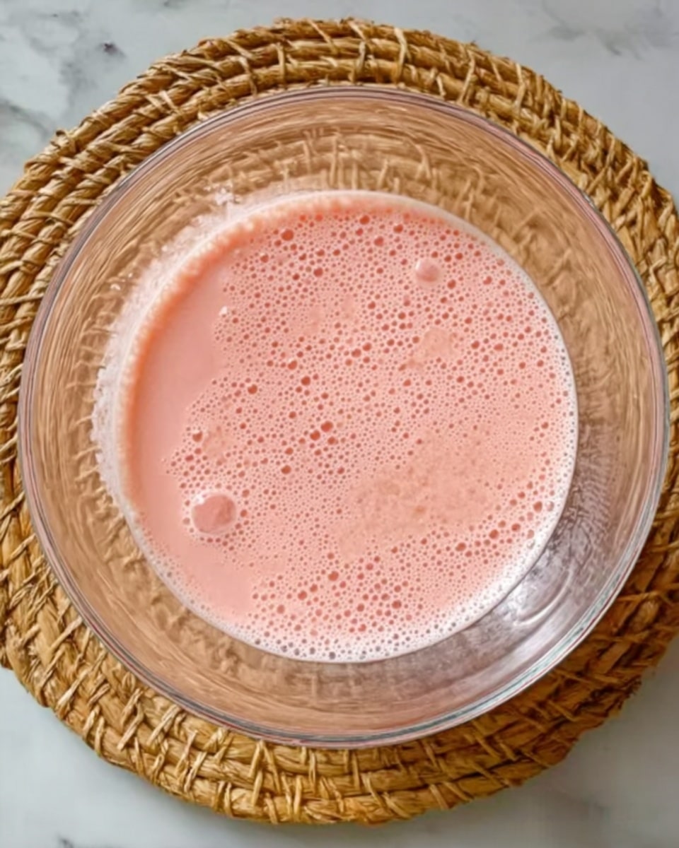 A clear glass bowl sits on a round wicker mat over a white marbled surface. Inside the bowl is a light pink liquid with small bubbles and froth on the surface, showing a smooth and slightly thick texture. The bowl's rim is wide and transparent, allowing a clear view of the mixture inside. Photo taken with an iphone --ar 4:5 --v 7