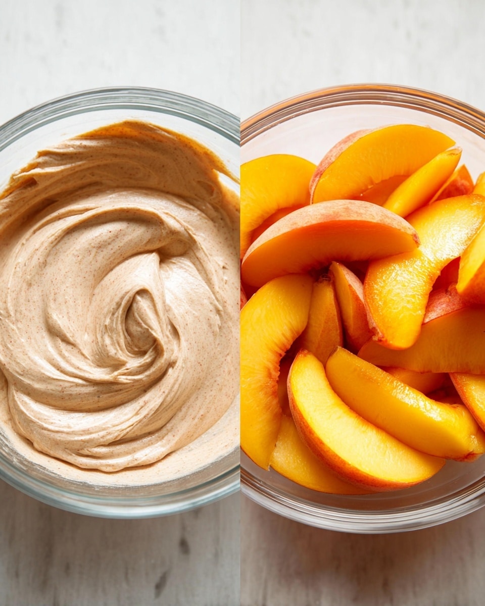 The image shows two clear glass bowls placed side by side on a white marbled surface. The left bowl contains a creamy, light brown mixture with visible specks of darker brown throughout, swirled smoothly in a circular pattern with a soft texture. The right bowl is filled with bright orange and yellow peach slices that are glossy and fresh-looking, layered unevenly but filling the bowl about halfway. Both bowls rest on the white marbled surface creating a clean, simple background. photo taken with an iphone --ar 4:5 --v 7