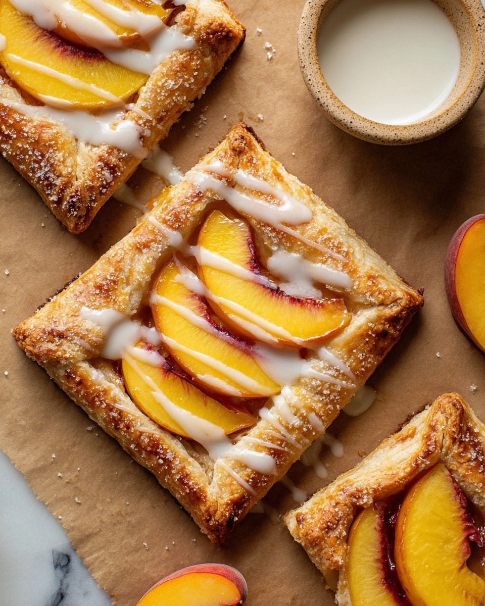 The image shows square pastries with a golden brown, flaky crust that has a slightly rough sugar texture on top edges. Each pastry has three curved slices of peach or nectarine arranged in a slightly overlapping line centered inside the crust, showing bright yellow and reddish-orange colors. A white glaze is drizzled loosely over the pastries in thin lines and small blobs. They are placed on light brown parchment paper, with a white marbled surface visible at the edges. A small white bowl of white icing and a small white bowl of brown sugar are partially visible near the pastries, along with a single peach slice. Photo taken with an iphone --ar 4:5 --v 7