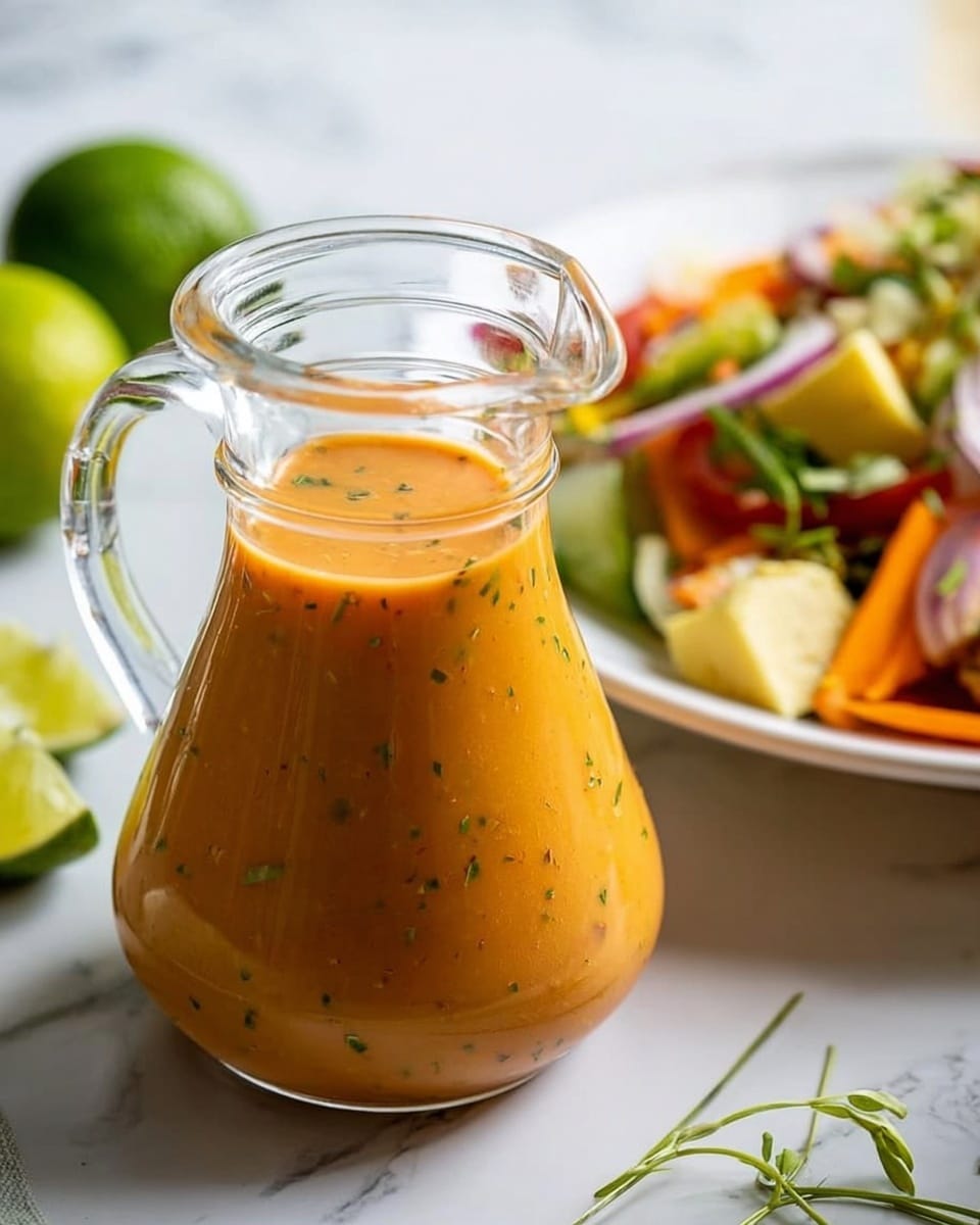 A clear glass pitcher filled with a thick, orange dressing containing small green herb pieces sits on a white marbled surface. Around the pitcher, there are two whole limes and one lime half, both green and fresh-looking. In the blurred background on the right, there is a white plate holding a colorful salad with layers of sliced orange carrots, red onion strips, pale yellow cheese cubes, and green herbs, giving a fresh mix of colors. A small sprig of green herb lies on the white marbled surface near the pitcher. The lighting is soft and natural, highlighting the colors and textures. photo taken with an iphone --ar 4:5 --v 7