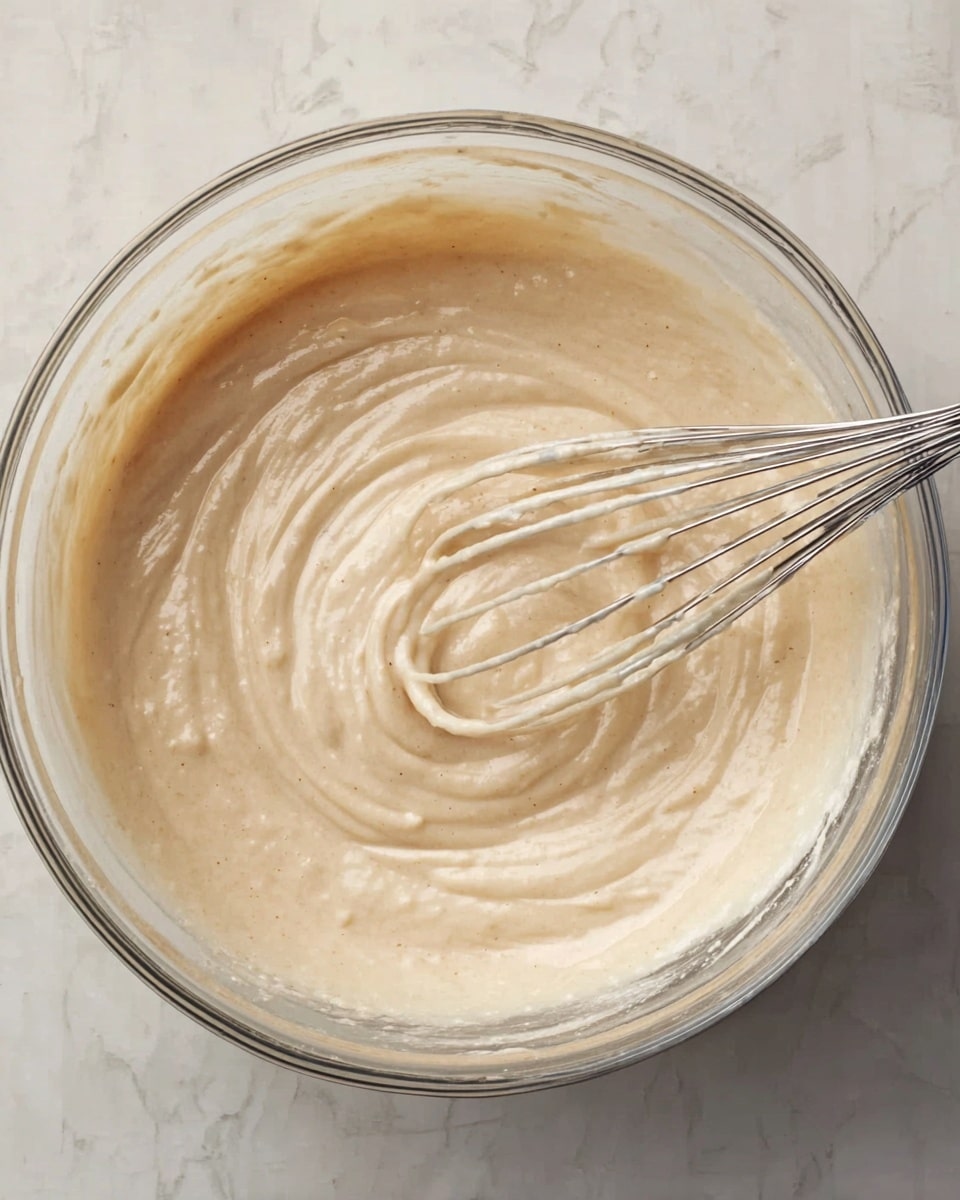 A clear glass bowl filled with smooth, light beige batter with a slightly thick texture. A metal whisk with thin wires is partially submerged in the batter, showing motion swirls and ridges. The bowl sits on a white marbled surface, and the batter has a creamy, consistent look without lumps or bubbles. photo taken with an iphone --ar 4:5 --v 7