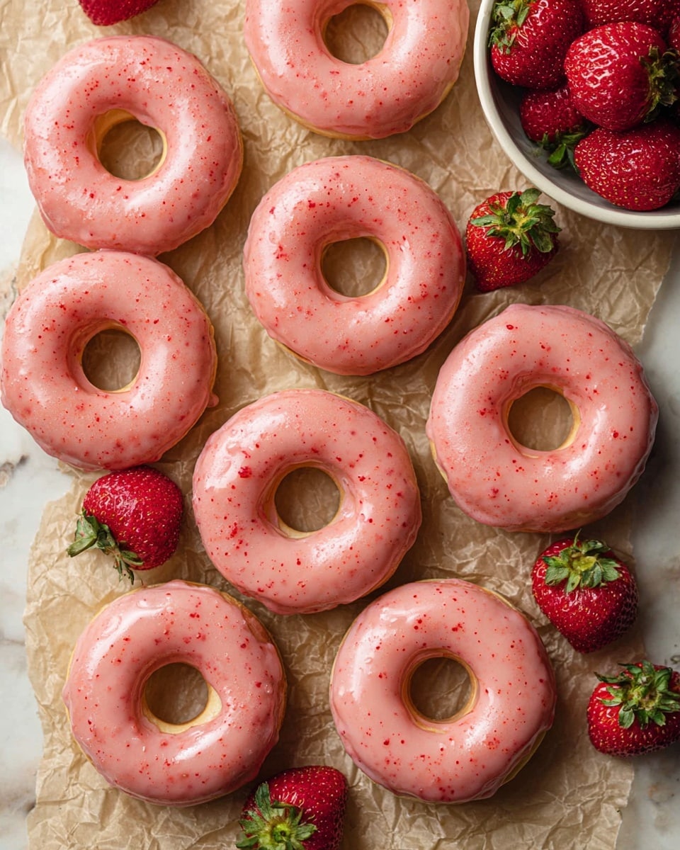 The image shows ten round doughnuts with a hole in the middle, each topped with a smooth pink glaze that has small red specks, giving a fresh strawberry look. The doughnuts are arranged close together on crumpled light brown parchment paper, with several bright red strawberries with green tops scattered around them. In the top right corner, there is a white bowl filled with more fresh strawberries. The background is a white marbled texture. photo taken with an iphone --ar 4:5 --v 7