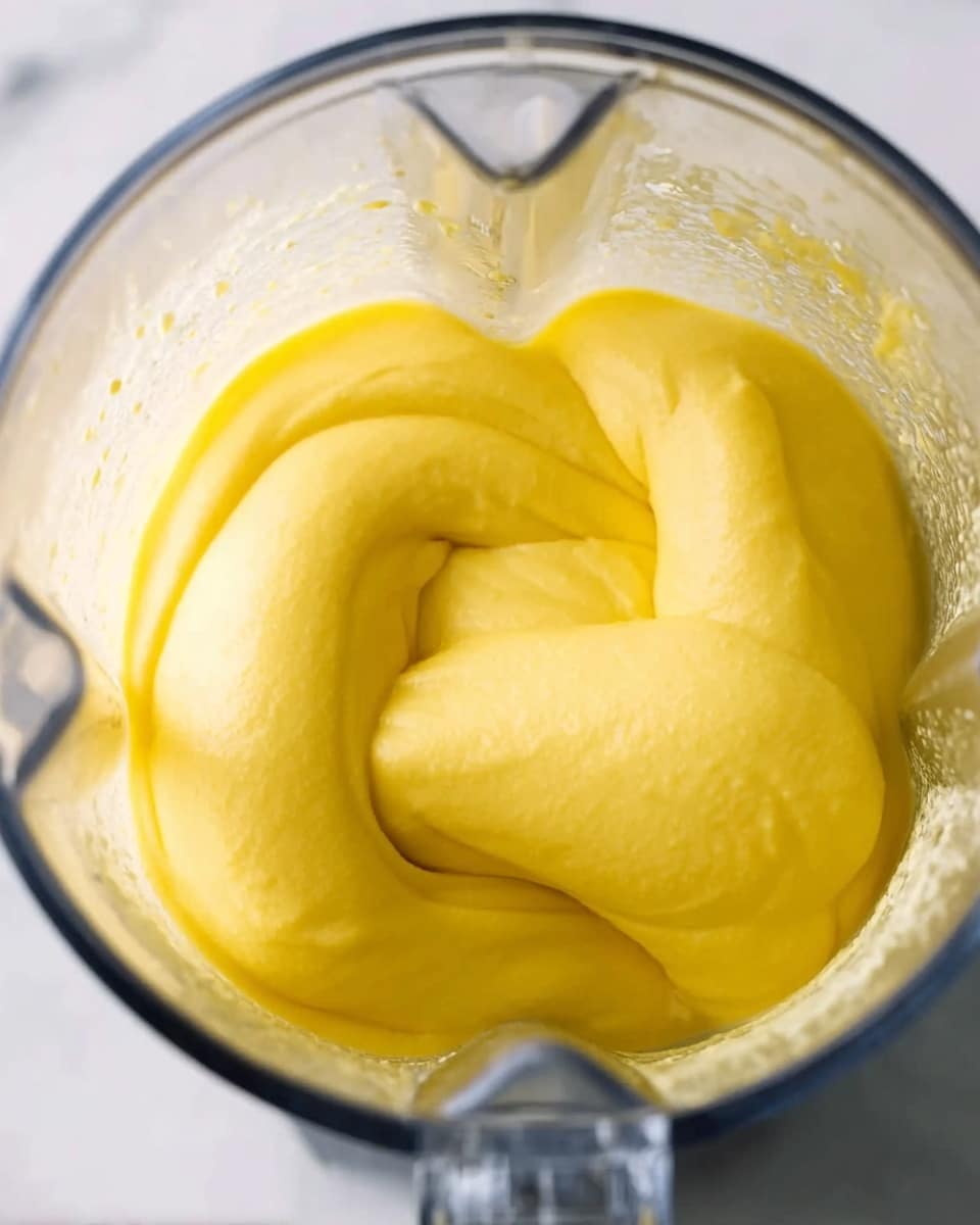Creamy Mango Banana Smoothie Recipe 4 This image shows a blender container filled with a thick yellow mixture being blended. The mixture looks smooth and creamy, swirling inside the clear blender jar with soft peaks and folds. The blender jar has clear sides with some liquid residue, and a silver blade is visible under the yellow mixture. The background is a white marbled texture. photo taken with an iphone --ar 4:5 --v 7