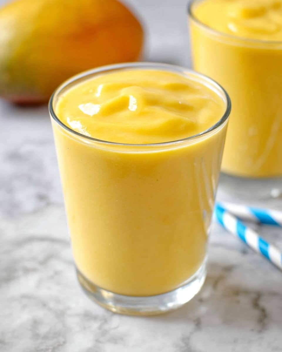 Creamy Mango Banana Smoothie Recipe 5 A clear glass filled with thick, creamy, smooth yellow mango smoothie with a slightly swirled top layer, placed on a white marbled surface. In the background, there is a blurred whole mango on the left and another glass of the same yellow smoothie on the right. Two blue and white striped paper straws lie flat on the white marbled surface next to the glass. Photo taken with an iphone --ar 4:5 --v 7
