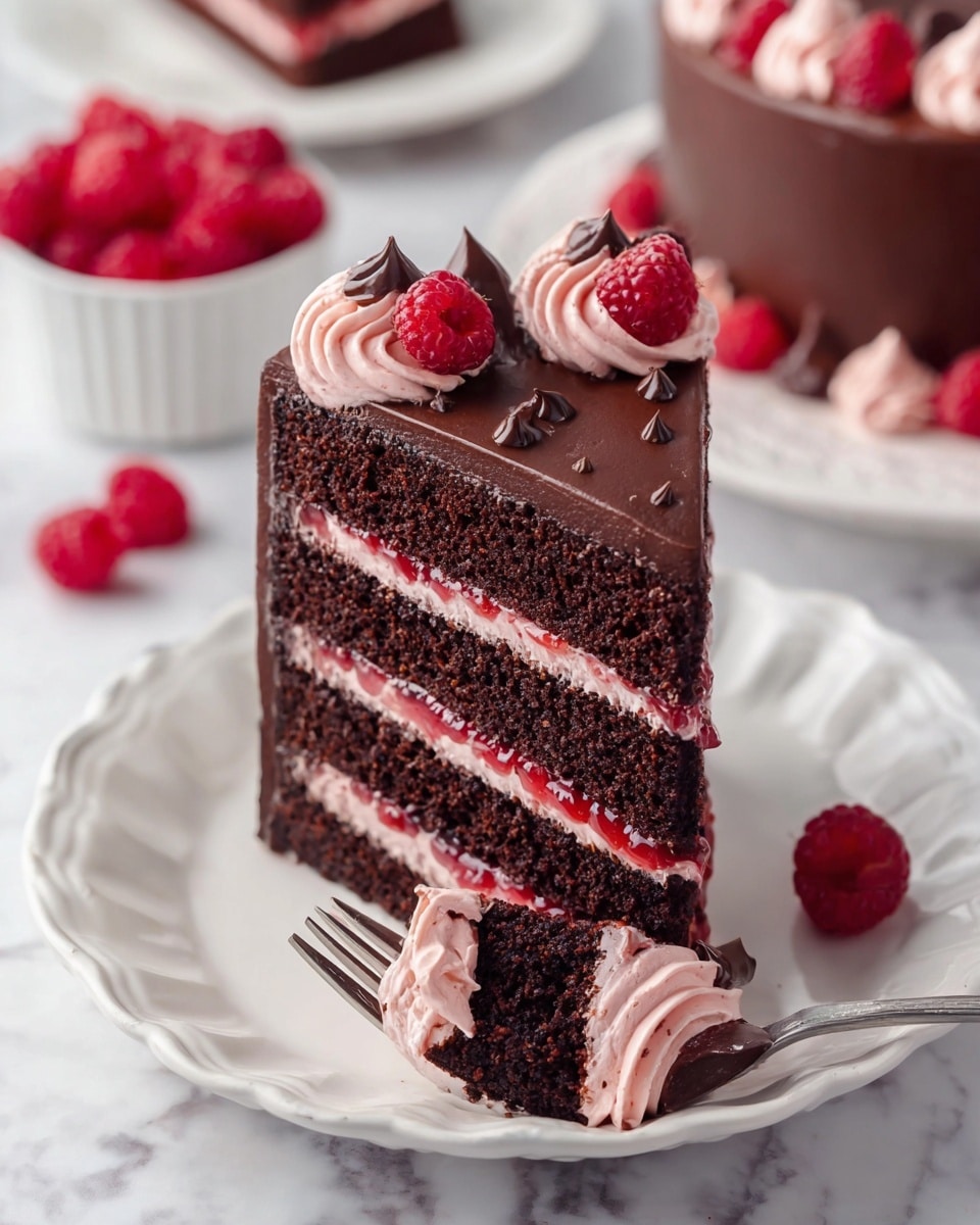 A tall slice of chocolate cake with three dark brown sponge layers, each separated by light pink cream and bright red fruit jam layers. The top is covered in smooth dark chocolate icing and decorated with light pink cream swirls, dark chocolate small peaks, and fresh red raspberries on top. The slice sits on a white plate with scalloped edges, placed on a white marbled surface. In the background, there is another slice of the same cake and some red raspberries in a white bowl. A woman's hand holds a fork cutting into the cake slice in front. photo taken with an iphone --ar 4:5 --v 7