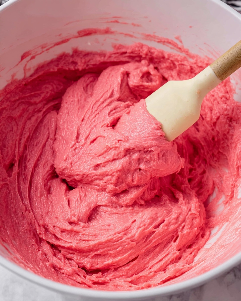 A close-up image of a thick, bright pink batter being mixed inside a large white bowl. The batter has a soft, creamy texture with visible air bubbles and swirls, showing it is well-mixed. A spatula with a light cream silicone head and a wooden handle is partially dipped into the batter, lifting some of the thick mixture. The background features a white marbled texture, keeping the focus on the vibrant batter and the mixing action. Photo taken with an iphone --ar 4:5 --v 7