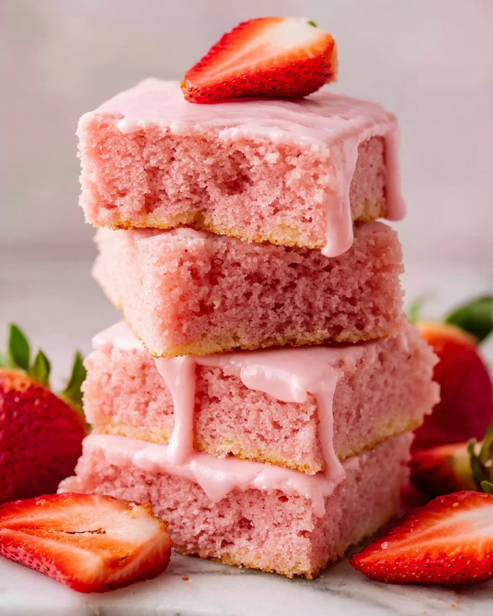 A stack of four square pink cake pieces with light pink icing dripping down the sides, each layer fluffy and soft with a slightly crumbly texture, arranged one on top of the other on a white marbled surface. The top piece has a small bite taken out showing its moist inside. Fresh sliced strawberries are placed around the stack, adding a vibrant red color contrast. Photo taken with an iphone --ar 4:5 --v 7