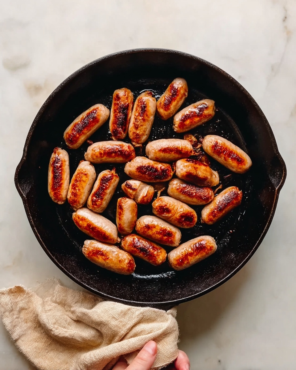 A black cast iron skillet filled with about twenty small browned sausages, all evenly spaced and showing a crispy golden-brown surface with slight charring on some. The sausages have a smooth texture and light brown color with darker spots from cooking. The skillet sits on a white marbled surface, with a woman's hand covered by a beige cloth holding the skillet handle from the bottom edge, visible in the frame. Photo taken with an iphone --ar 4:5 --v 7