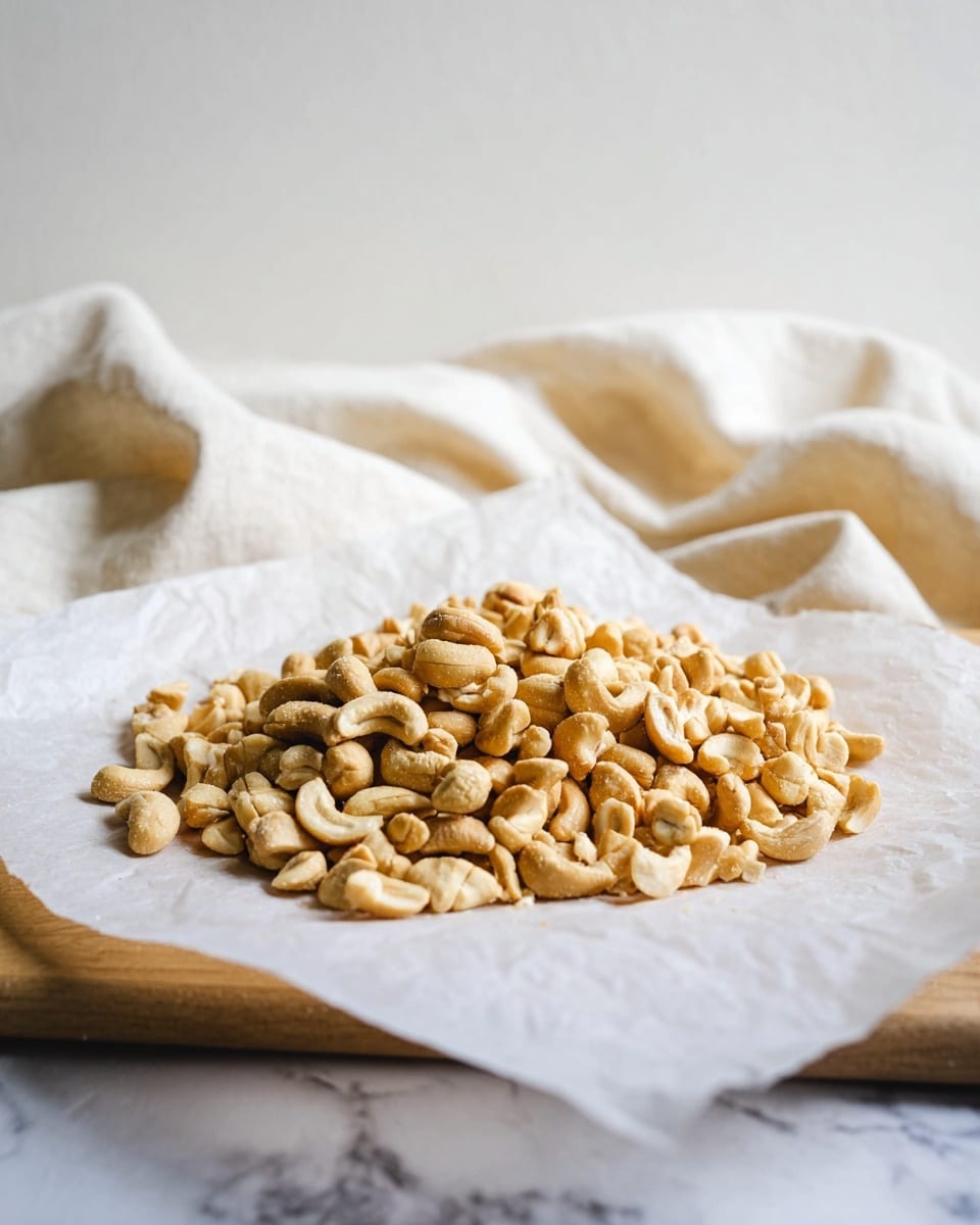 A pile of light golden cashew pieces is placed in the center of white parchment paper that lies flat on a wooden tray, which rests on a white marbled surface. The cashew pieces are a mix of small chunks and halves, showing rough and curved shapes with a slightly roasted texture. In the blurry background, soft cream-colored cloths with folds and crinkles add a cozy touch, along with a black measuring cup partially visible behind the pile. The overall look is bright and clean with natural light softly highlighting the cashews and casting gentle shadows. photo taken with an iphone --ar 4:5 --v 7
