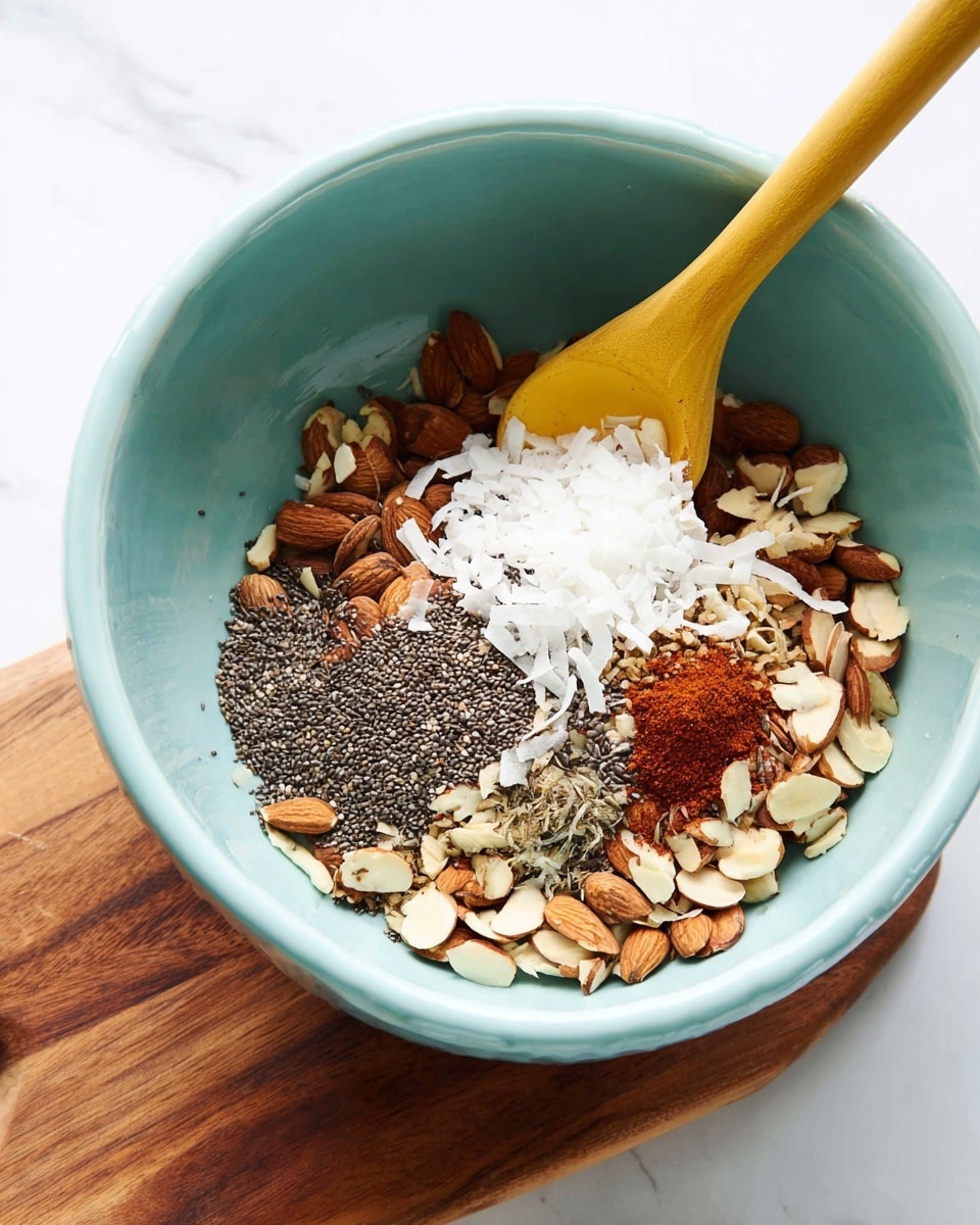 A close-up of a light blue bowl filled with several layers of ingredients, set on a white marbled surface with a wooden board to the side. The bottom layer consists of slivered and chopped nuts with a mix of light beige and darker brown colors. On top of the nuts are small piles of light white coconut flakes, dark brown chia seeds, and various powders in shades of reddish-brown and off-white. A wooden spoon with a yellow handle rests diagonally inside the bowl, partially covered by the ingredients. photo taken with an iphone --ar 4:5 --v 7