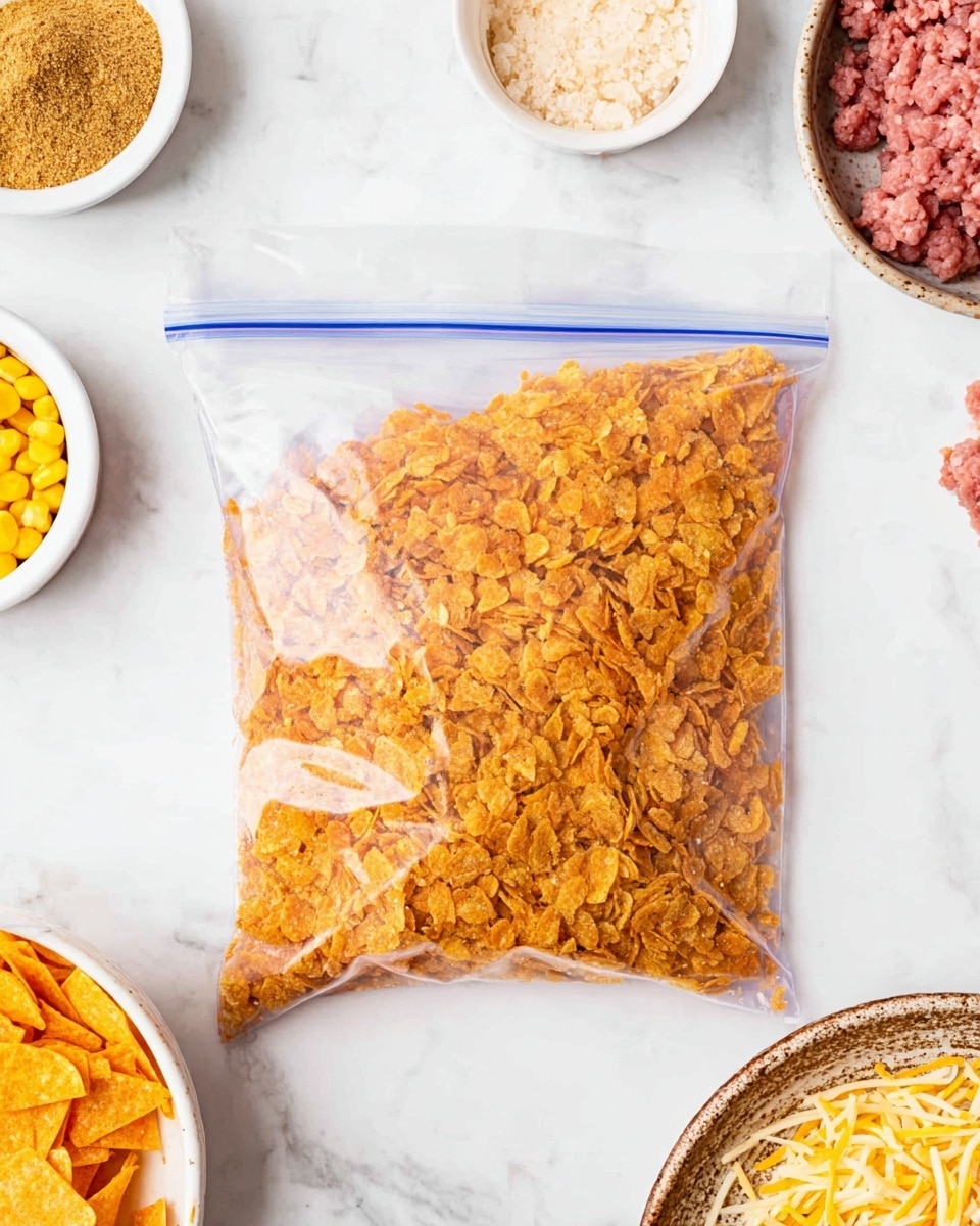 A clear plastic ziplock bag filled halfway with crushed orange corn flakes sits on a white marbled surface, the flakes inside textured and uneven. Around it, there are small white bowls containing different cooking ingredients: a golden brown powder at the top left, a pale minced item next to it, a small bowl with yellow corn below on the left, a bowl of orange corn chips at the bottom right, a bowl with shredded cheese on the right edge, and a rustic bowl filled with ground pink meat at the top right corner, all arranged loosely around the ziplock bag. The setting is bright and clean, focused on the mix of colors and textures of the ingredients. photo taken with an iphone --ar 4:5 --v 7