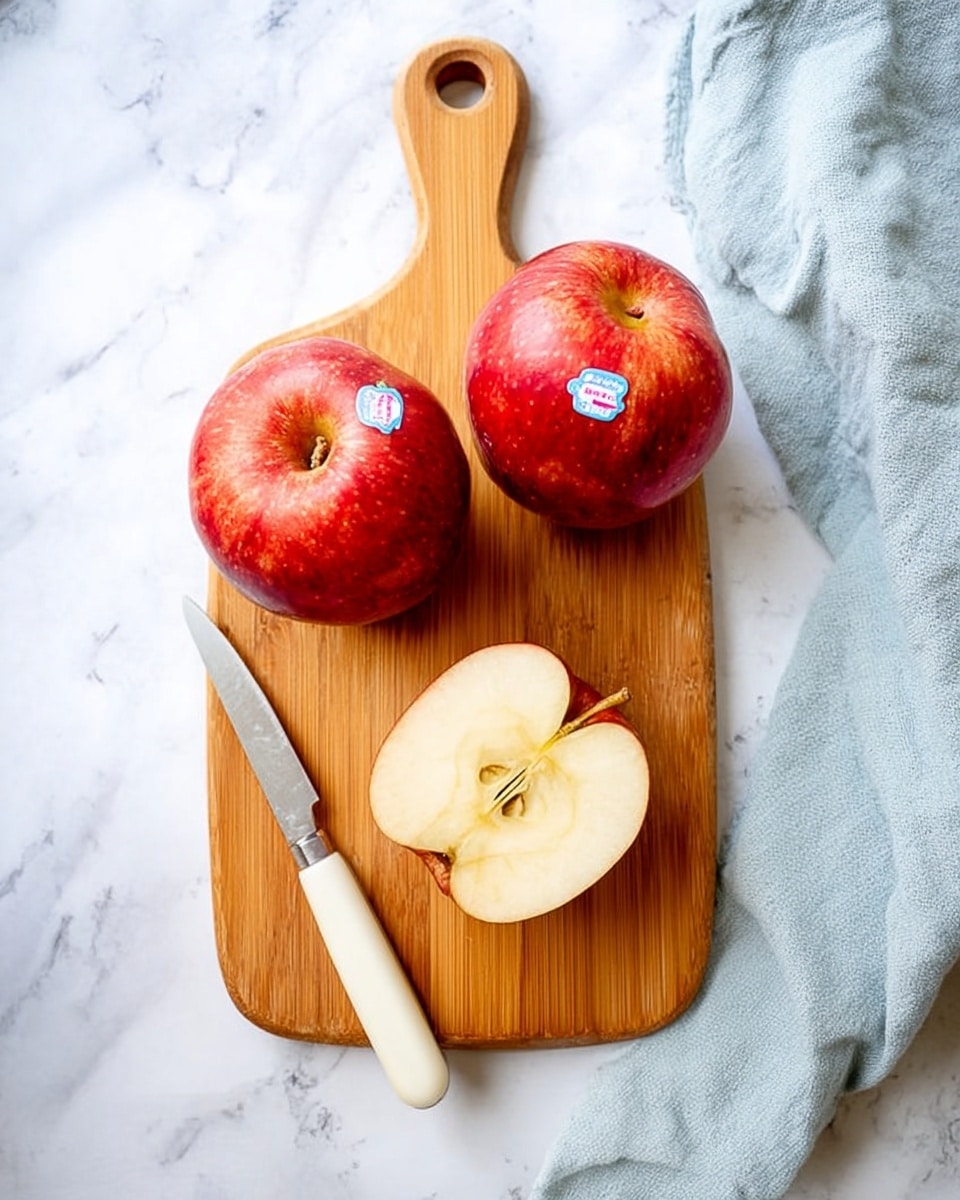 A wooden cutting board holds two whole red apples with small white and yellow stickers, and one apple cut in half showing its pale cream inside and seeds. A knife with a white handle rests on the board next to the apples. The cutting board is placed on a white marbled surface, with a soft, light blue cloth partially visible to the right. photo taken with an iphone --ar 4:5 --v 7