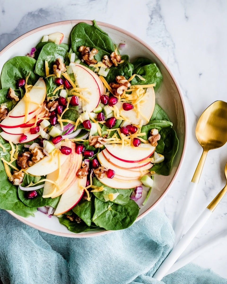 A white plate is filled with fresh green spinach leaves forming the bottom layer, topped with thin slices of red-skinned apples arranged in a scattered pattern. Small pieces of chopped celery and thin red onion slices are spread evenly over the apples. Bright red pomegranate seeds and irregular pieces of walnuts add bursts of color and texture across the salad. Light yellow shredded cheese is sprinkled on top, giving a soft texture contrast. A white and gold fork and spoon rest on the right side of the plate, placed on top of a light blue cloth, all set on a white marbled surface. Photo taken with an iphone --ar 4:5 --v 7