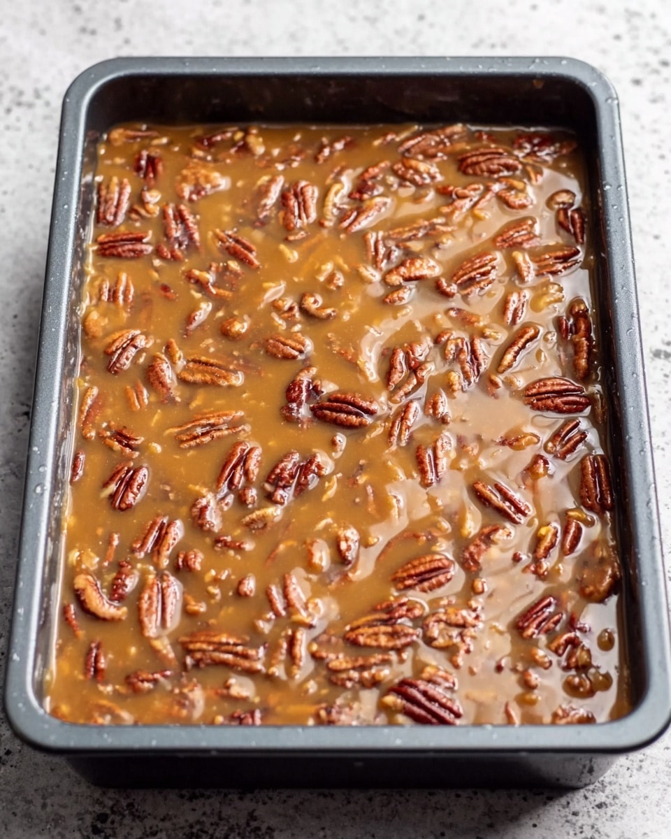 The image shows a single-layer dessert in a rectangular baking tin filled with a glossy, light brown caramel sauce mixed with whole pecans spread evenly across the surface. The pecans are a rich reddish-brown color, and the caramel sauce is thick and shiny, covering all the pecans completely. The baking tin is dark grey and sits on a white marbled textured surface. Photo taken with an iphone --ar 4:5 --v 7