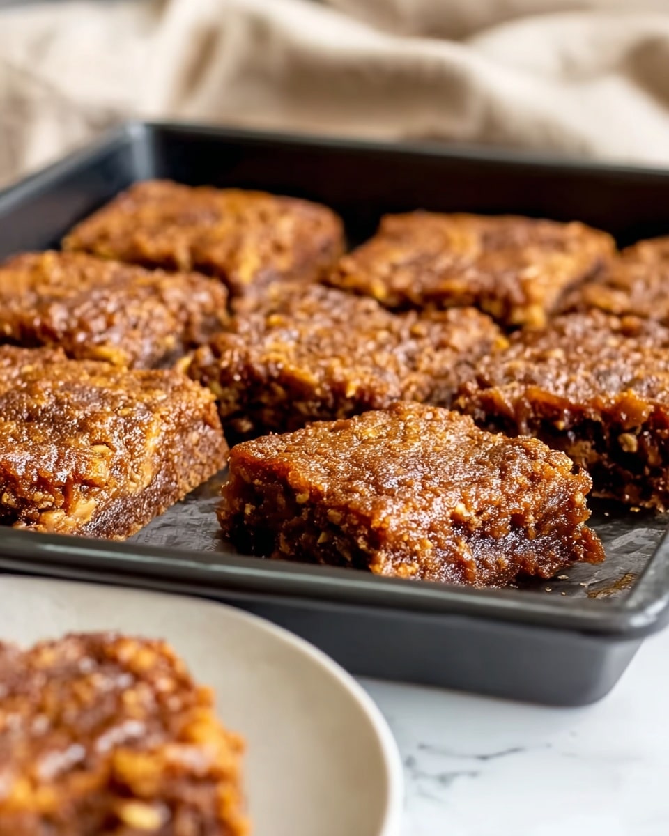 The image shows a black baking tray filled with nine square pieces of sticky, brown dessert bars that have a textured top with visible small bits, possibly nuts or oats. The dessert looks rich and moist with a slightly shiny surface. The tray is set on a white marbled surface with a blurred white plate holding one piece of the dessert in the bottom corner. In the background, there is a soft blurred cloth. The focus is close-up, showing the texture and layers of the dessert clearly. Photo taken with an iphone --ar 4:5 --v 7