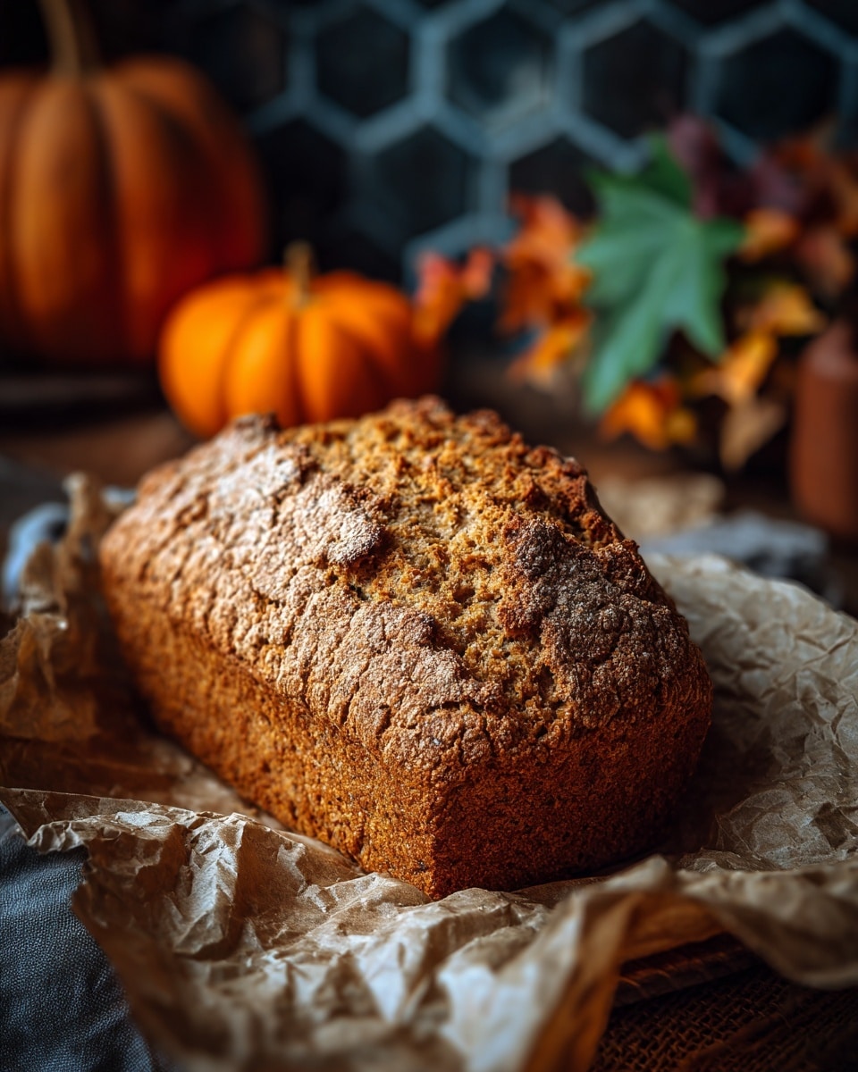 A single loaf of brown bread with a cracked, textured top crust sits on crumpled parchment paper. The bread has a golden-brown color and a rough surface with a high dome shape toward one side. In the soft focus background, there is a small orange pumpkin on the left and some orange and green autumn leaves on the right, all set against a dark hexagonal patterned backdrop. The overall scene is cozy and rustic, with warm colors trending toward fall. Photo taken with an iphone --ar 4:5 --v 7