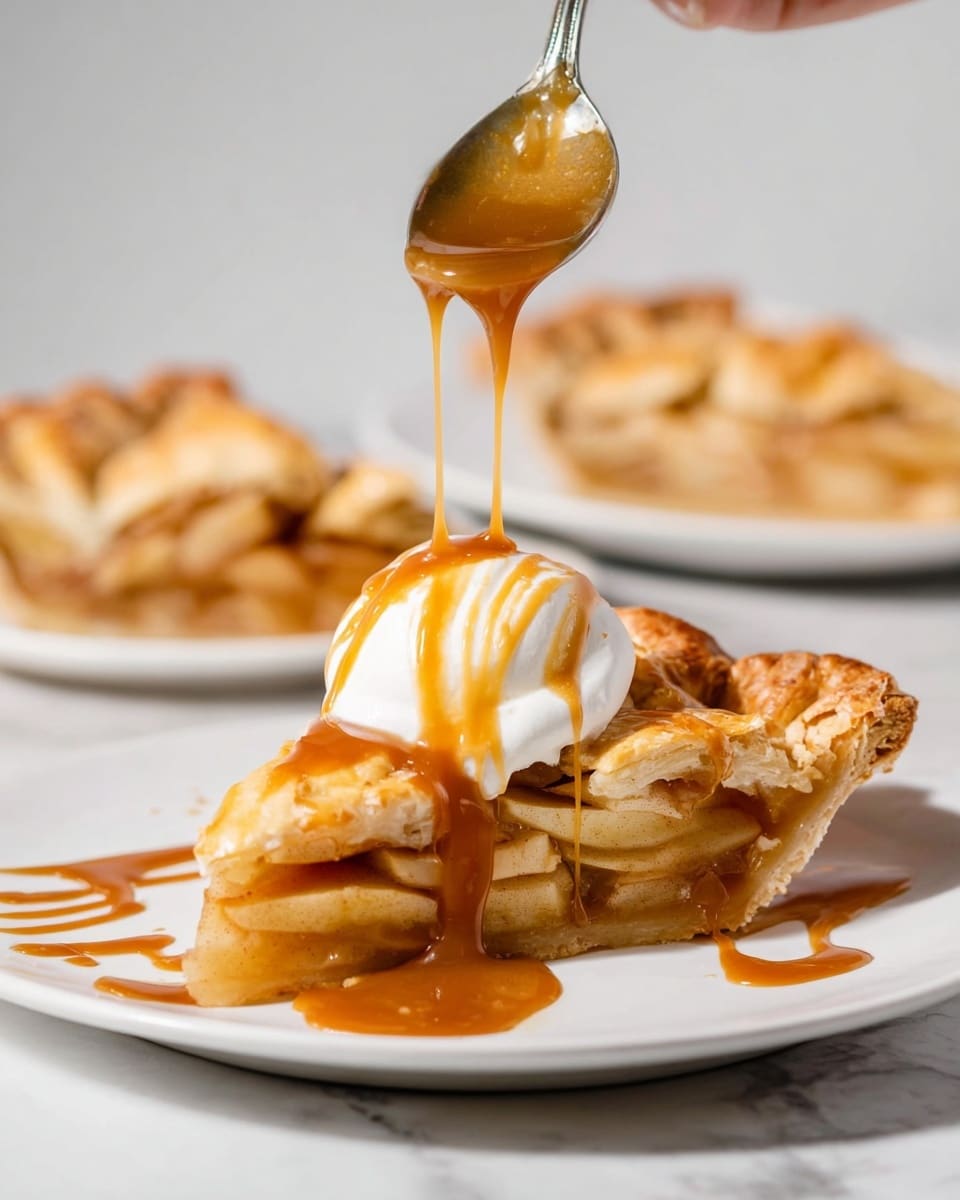 Simple Caramel Apple Galette {Rustic & Delicious} Recipe 5 A white plate holds one slice of apple pie with golden brown crust and soft light brown apple filling visible in layers. On top of the slice is a dollop of white cream, smooth and slightly melting. A silver spoon held by a woman's hand pours thick caramel sauce in a warm amber color over the cream and pie, dripping down in thin streams. The surface beneath the plate is white marble. In the background, there are more slices of pie on white plates, softly blurred. Photo taken with an iphone --ar 4:5 --v 7