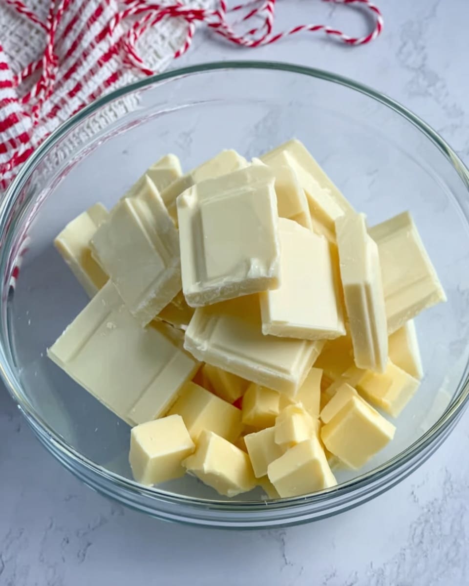 White Chocolate Peppermint Fudge Recipe 4 The image shows a clear glass bowl filled with several pieces of white chocolate and small cubes of yellow butter. The white chocolate pieces are flat, square or triangular, and stacked loosely on top of each other in the bowl. The yellow butter cubes are placed at the bottom right side of the bowl, contrasting with the pale white chocolate. The bowl is set on a white marbled surface with a cloth and red-and-white striped string visible in the background. photo taken with an iphone --ar 4:5 --v 7
