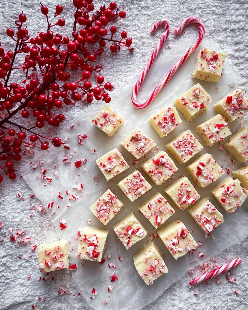 White Chocolate Peppermint Fudge Recipe 5 The image shows a white marbled surface with a sheet of crinkled white parchment paper holding 36 small square pieces of white fudge topped with crushed red and white peppermint candy pieces, arranged in a grid pattern with a few pieces scattered around the edges. To the left, there is a white textured cloth with bright red berry branches and three red-and-white striped candy canes placed on top. The scene is bright and festive, emphasizing the contrast between the creamy white fudge squares and the vibrant red candy and berries, photo taken with an iphone --ar 4:5 --v 7