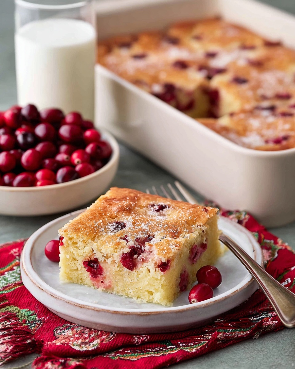 A square piece of cake sits in the center of a white plate with a slightly rough, golden-brown top layer dusted with sugar. Inside the cake, visible chunks of red fruit are spread throughout a soft, light cream-colored middle layer. A gold fork holds a small bite of the cake, showing the crumbly texture and red fruit pieces inside. Near the plate, a white scalloped bowl holds fresh, shiny red fruit. A red and white patterned cloth is folded next to the plate on a white marbled surface. Photo taken with an iphone --ar 4:5 --v 7