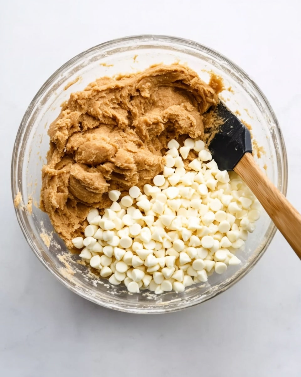 A clear glass bowl contains thick, light brown cookie dough that fills about two-thirds of the bowl, while a pile of small white chocolate chips occupies the remaining one-third on the right side. A wooden spatula with a black top rests partly on the edge of the bowl, positioned in the upper right corner. The bowl sits on a white marbled surface. photo taken with an iphone --ar 4:5 --v 7