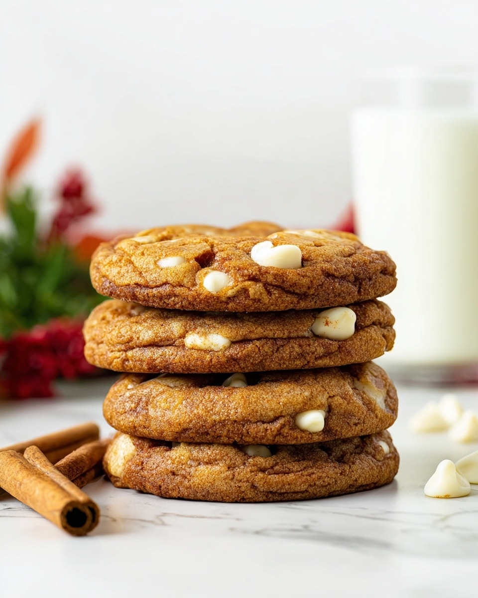 A close-up view of a stack of four round cookies on a white marbled surface, each cookie golden brown with visible white chocolate chips embedded throughout. The cookies have a slightly cracked texture and appear soft and thick, with the chips scattered unevenly across the surface. To the left of the stack, two cinnamon sticks lie flat on the surface. In the background, a clear glass filled with milk is softly blurred, along with some green and red plants adding a touch of color. photo taken with an iphone --ar 4:5 --v 7