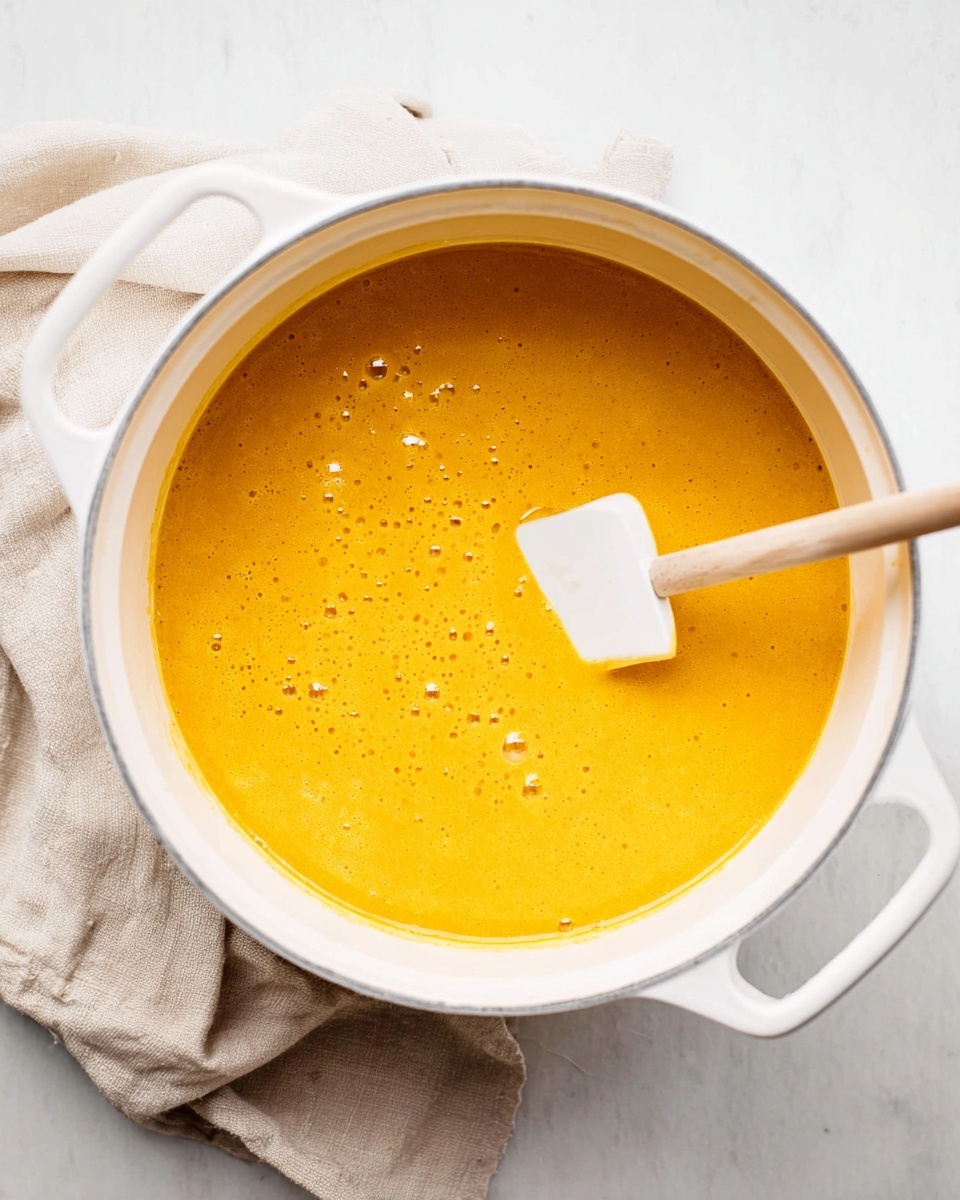 A white pot filled with a smooth, thick orange-yellow sauce that has a few small bubbles on the surface, indicating it is cooking. A white spatula is partially dipped into the sauce on the right side of the pot, stirring gently. The pot is placed on a white marbled surface next to a light beige cloth. The lighting is bright and natural, highlighting the creamy texture and warm color of the sauce, photo taken with an iphone --ar 4:5 --v 7