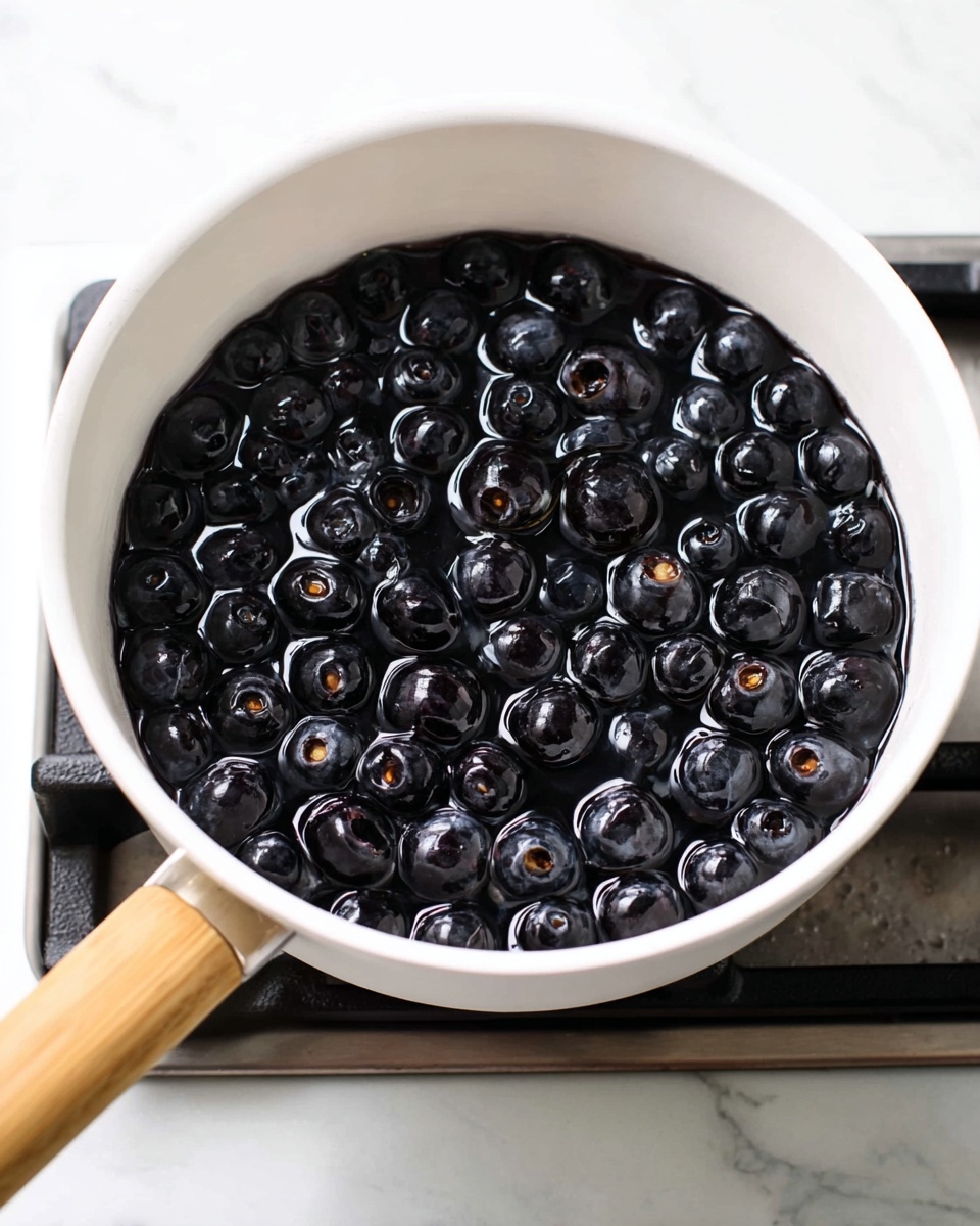 A white pot with a light brown wooden handle is filled with dark black blueberries cooking in clear liquid. The blueberries are wet and shiny, packed closely together, with a few showing a small brown center on top. The pot sits on a stovetop with black burner grates, and the surface underneath has a clean white marbled texture. Photo taken with an iphone --ar 4:5 --v 7