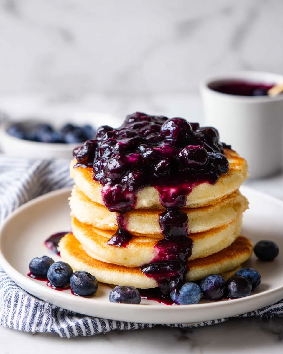 A stack of four thick, golden-brown pancakes sits on a white plate on a white marbled surface, each pancake fluffy with a light crust on the edges. On top of the stack is a generous layer of glossy, dark purple blueberry sauce with whole blueberries mixed in, some dripping down the sides of the pancakes. Around the plate, a few fresh blueberries lay scattered, and in the background, a white cup with more purple sauce is slightly blurred. A white and blue striped cloth is partially visible under the plate. photo taken with an iphone --ar 4:5 --v 7