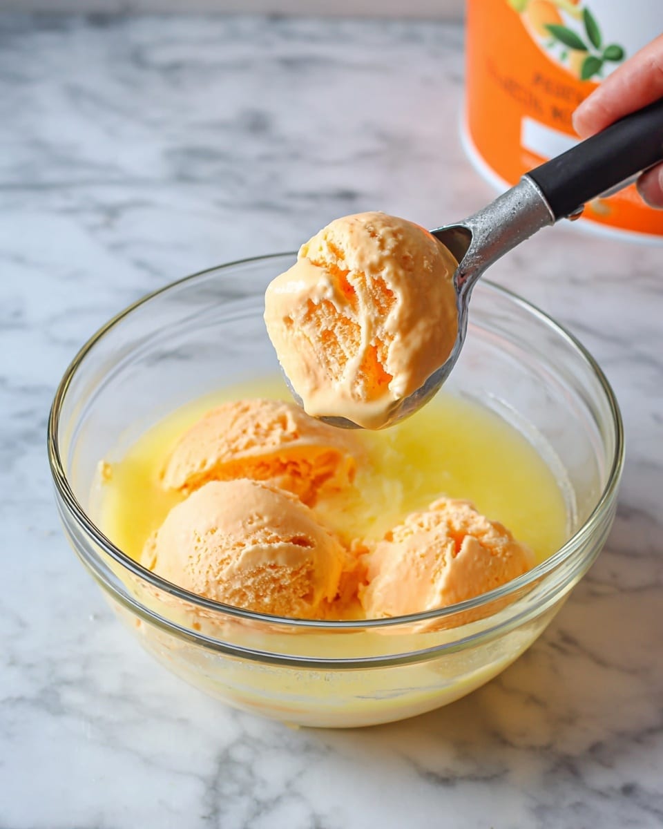 A clear glass bowl sitting on a white marbled surface holds a yellow liquid with four scoops of light orange soft ice cream partially melted on top. A woman's hand holds a metal ice cream scooper with a black handle, lifting one scoop of the orange ice cream above the bowl, showing its creamy and slightly textured surface. In the blurred background, there is an orange container with some green leaves on the label. photo taken with an iphone --ar 4:5 --v 7