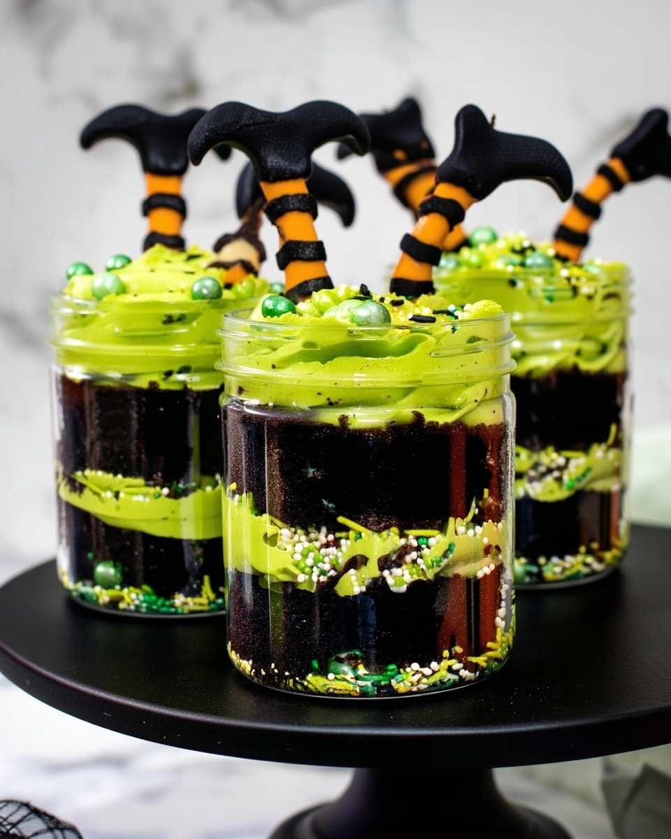 Four clear jars each show three layers: a bottom dark crumb layer with green, white, and black sprinkles, a middle bright green creamy layer with more sprinkles, and a top dark crumb layer covered by bright green whipped cream decorated with shiny green balls. Each jar is topped with a pair of small witch legs made from orange and black striped fabric with black shoes sticking out of the green cream. The jars stand on a black cake stand against a white marbled background. photo taken with an iphone --ar 4:5 --v 7