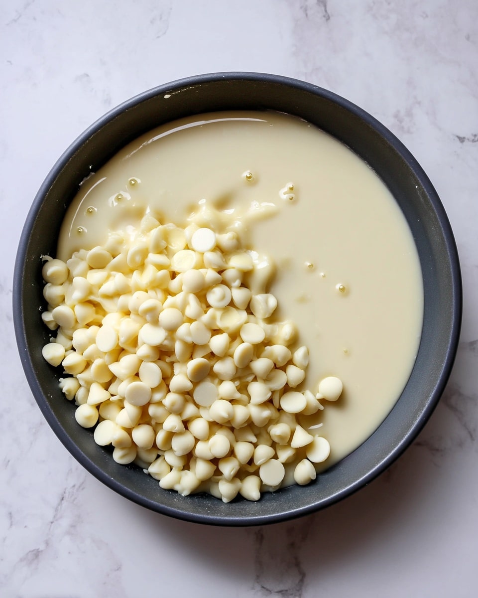 A dark bowl filled with a smooth, light cream liquid covering about half of the inside surface, with a small pile of shiny white chocolate chips on one side, some chips partially covered by the creamy liquid creating a mix of soft and firm textures. The bowl is set on a white marbled surface. photo taken with an iphone --ar 4:5 --v 7