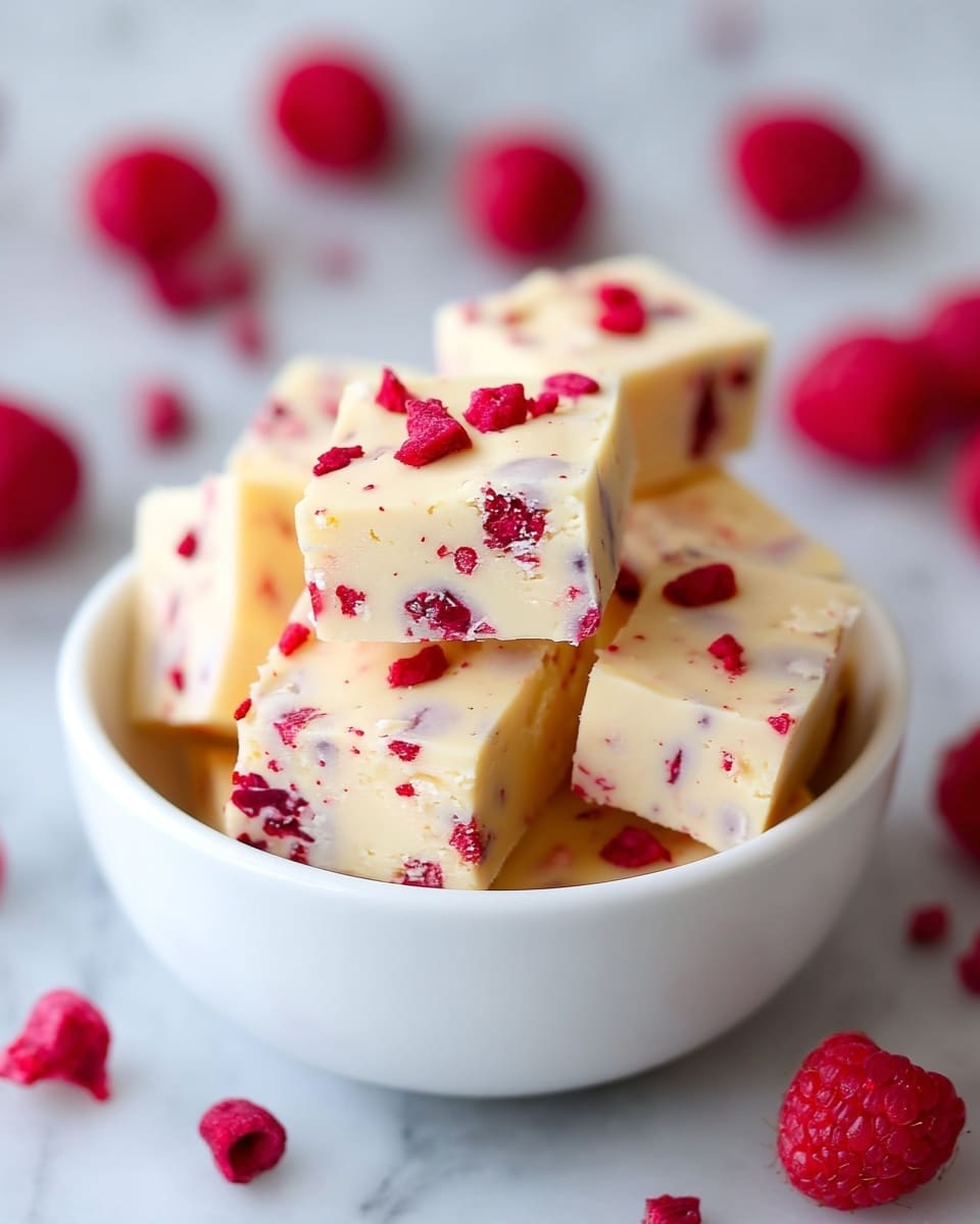 The image shows a white bowl filled with square pieces of creamy white fudge that have bright red raspberry bits mixed evenly throughout. The fudge pieces have smooth, slightly shiny surfaces with some small raspberry chunks on top. The bowl sits on a white marbled surface with scattered fresh raspberries blurred softly in the background. The fudge squares are stacked slightly on each other, creating a sense of depth and texture in the image photo taken with an iphone --ar 4:5 --v 7
