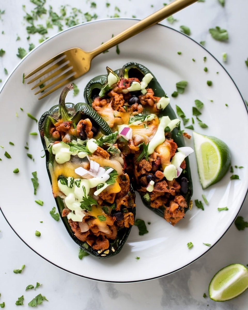 The image shows two dark green stuffed peppers on a white plate with a thin black rim, placed on a white marbled surface. Each pepper is sliced lengthwise and filled with a mixture of brownish ground filling and black beans. The filling is topped with melted light yellow cheese, small white onion pieces, fresh green herbs, and a light green sauce drizzled on top. A small lime wedge sits beside the peppers. A gold fork rests on the upper edge of the plate, and small bits of chopped herbs are scattered both on the plate and the surface. Photo taken with an iphone --ar 4:5 --v 7