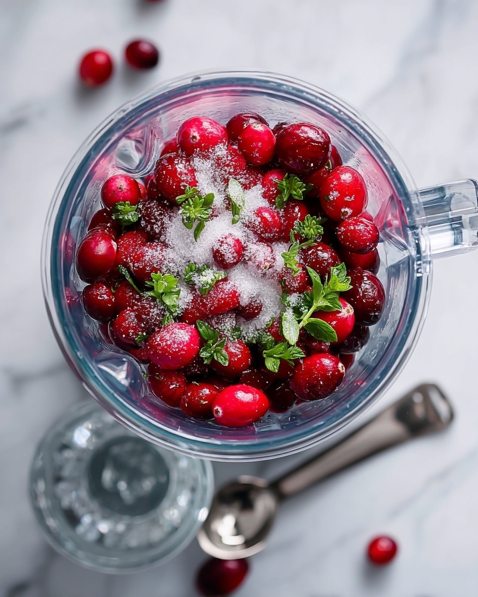 A clear blender bowl filled with bright red cranberries mixed with green leafy herbs, covered with a layer of white granulated sugar on top. The blender sits on a white marbled surface, and next to it on the surface are a clear glass bowl with water and a metal measuring spoon. The image captures the mixture from above, showing the colors and textures clearly. Photo taken with an iphone --ar 4:5 --v 7