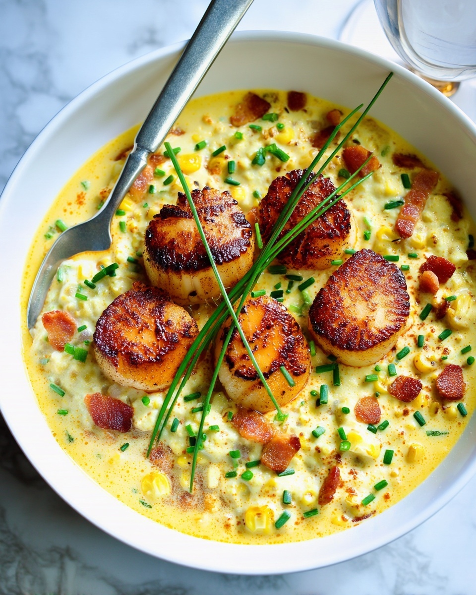 A white bowl holds a creamy yellow base with small visible pieces of corn and green herbs mixed in, topped with five golden brown seared scallops arranged in a circle. Small bits of crispy bacon and chopped green chives are sprinkled over the creamy base. Three longer pieces of fresh green chives rest on top of the scallops. A silver spoon is placed inside the bowl, leaning against the edge. The background is a white marbled texture with a glass partially visible in the upper right. Photo taken with an iphone --ar 4:5 --v 7