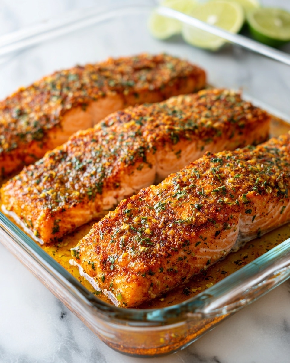 The image shows three cooked salmon fillets placed side by side in a clear glass baking dish. Each fillet is topped with a reddish-orange seasoning layer mixed with green herbs, creating a textured surface. The salmon meat beneath the seasoning is light pink and flaky, slightly visible on the edges where the seasoning has separated. The baking dish sits on a white marbled surface, and in the top right corner, there are some lime wedges partially visible. The overall lighting is bright, highlighting the juicy and seasoned texture of the salmon fillets. Photo taken with an iphone --ar 4:5 --v 7