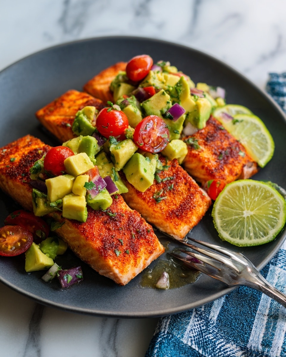 A dark gray plate holds three thick pieces of cooked salmon with a bright orange-red seasoning on top. Each piece has a generous layer of chunky avocado salsa made of green avocado cubes, red cherry tomato halves, and small bits of purple onion, all mixed with green herbs. Two fresh lime wedges sit on the right edge of the plate. A silver fork rests near the bottom left of the plate, with some salsa on it. The plate is placed on a white marbled surface with a blue and white cloth napkin under the right edge. Photo taken with an iphone --ar 4:5 --v 7