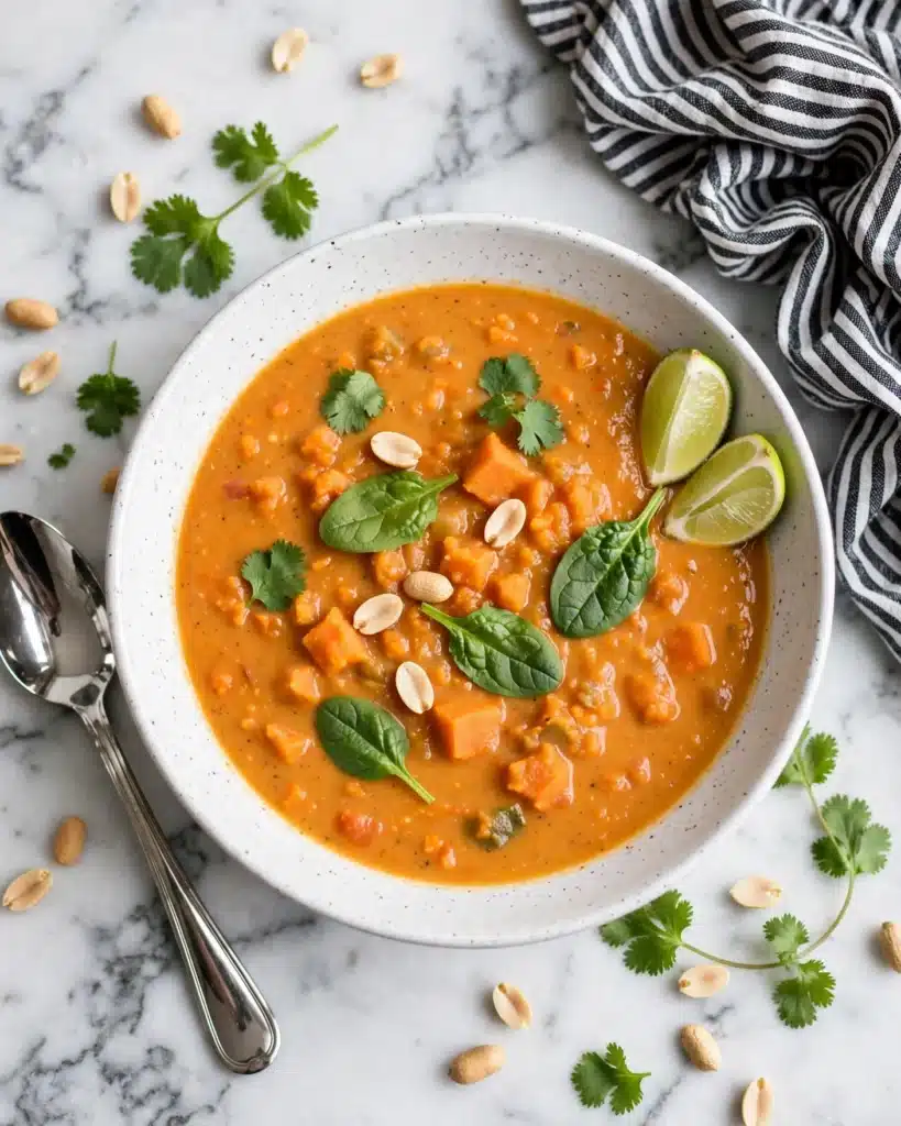 Sweet Potato Peanut Soup with Spinach and Coconut Milk Recipe