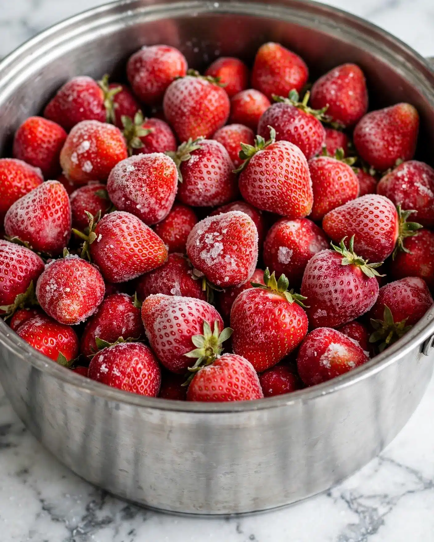 Homemade Strawberry Gelatin Cake Recipe 3 A close-up image shows a large metal pot filled with many whole frozen strawberries. The strawberries are bright red with a dusty white frost covering some parts, giving a cold and fresh look. The strawberries fill the pot evenly from edge to edge, showing their smooth texture and small seeds, with some positioned with their pointed ends facing upward or sideways. The pot sits on a white marbled surface. Photo taken with an iphone --ar 4:5 --v 7