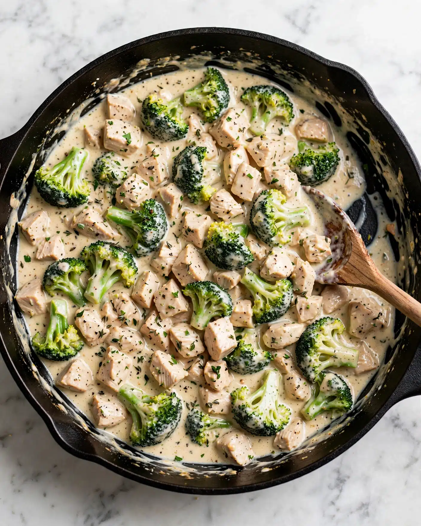 Creamy Garlic Chicken and Broccoli Recipe 5 A black pan filled with a creamy dish of light beige pieces of cooked meat mixed with bright green broccoli florets, all coated evenly in a pale sauce with visible black pepper and herbs sprinkled throughout; a wooden spoon is partially dipped in the pan near the right side, stirring the mixture, the pan and food are placed on a white marbled surface photo taken with an iphone --ar 4:5 --v 7