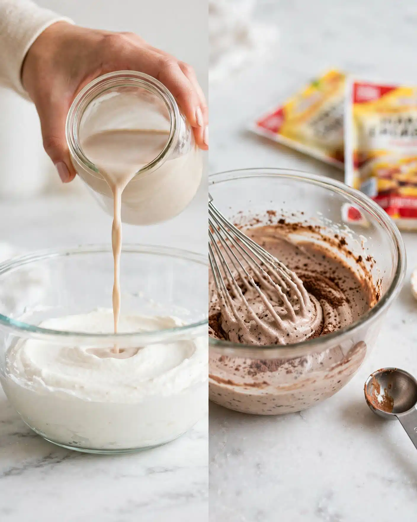 Peppermint Chocolate Whipped Greek Yogurt Recipe 4 The image shows a clear glass mixing bowl placed on a white marbled surface. Inside the bowl, there is a thick white creamy layer with a smooth texture. A woman's hand is pouring a light beige liquid from a clear glass jar onto the creamy layer. On the right side, the same bowl is shown with the creamy layer now mixed with a dark brown powder, scattered on top unevenly. A metal whisk is submerged inside the bowl, partially covered by the creamy mixture with the powder. Around the bowl, there is a slightly out-of-focus yellow and red packaging and a metal measuring spoon with some remnants of the mixture. Photo taken with an iphone --ar 4:5 --v 7