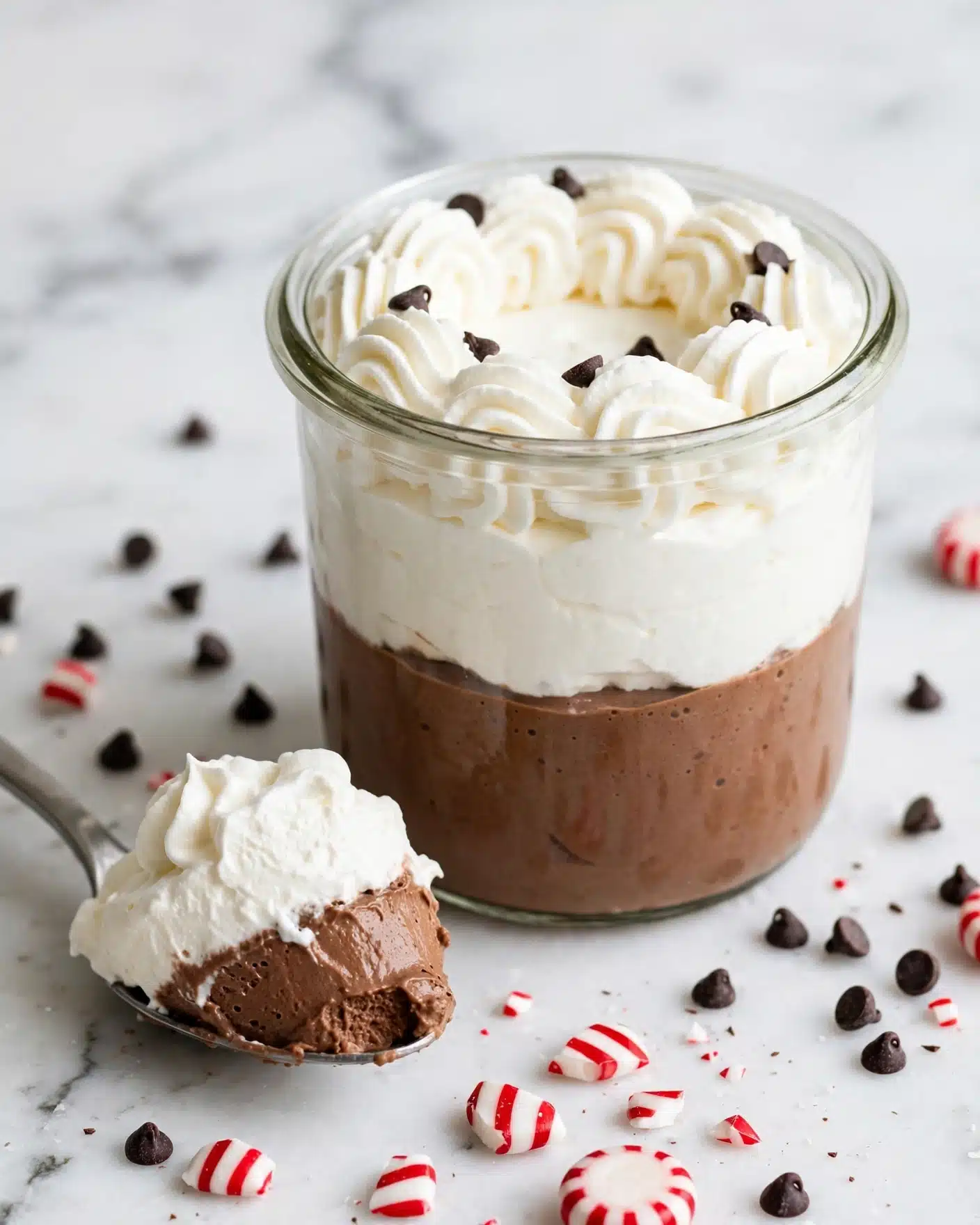 Peppermint Chocolate Whipped Greek Yogurt Recipe 5 A clear jar filled with three layers of dessert stands against a white marbled background. The bottom layer is a smooth, rich milk chocolate mousse with a creamy, slightly bubbly texture. Above it, there is a thick layer of airy whipped cream that is bright white and soft-looking. The top layer features a swirl of the same white whipped cream, elegantly piped in a wavy pattern around the edge. There are small dark chocolate chips scattered on the whipped cream, adding contrast. In the foreground, a spoon holds a scoop showing the bottom chocolate mousse and the whipped cream on top. Around the jar, there are some scattered chocolate chips and red-and-white striped candy pieces. Photo taken with an iphone --ar 4:5 --v 7