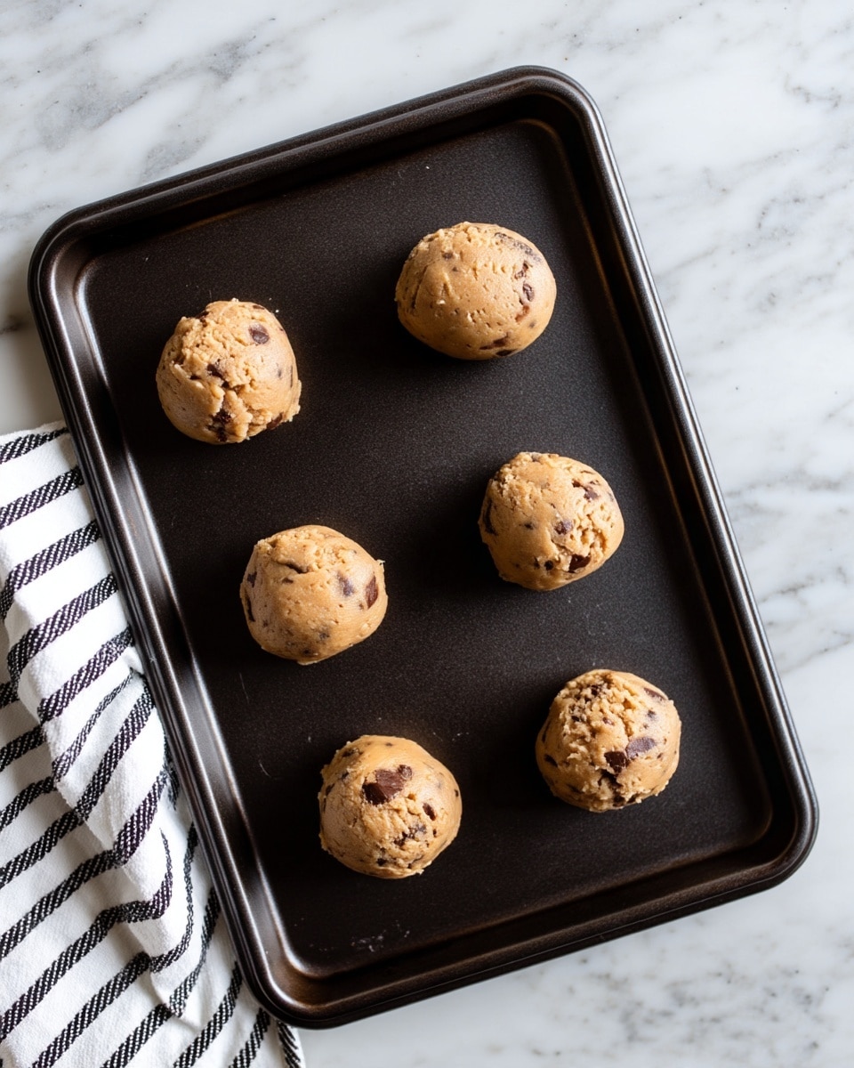 There are six round cookie dough balls placed on a dark baking tray. Each dough ball is light brown with small dark chocolate pieces mixed in, giving a spotted look. The dough balls are spread out evenly, with three on the top row and three on the bottom row. The tray is set on a white marbled surface, and a white and black striped towel is partially visible on the left side. photo taken with an iphone --ar 4:5 --v 7